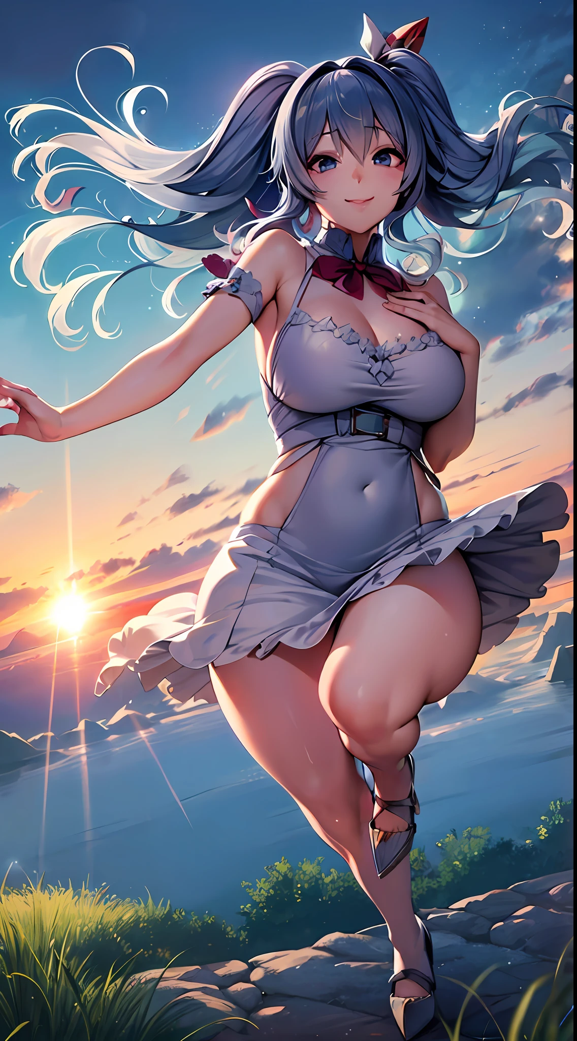 ((masterpiece)), ((best quality)), (ultra-detailed), ((kawaii)), cute, (lovely), ((sexy)), (ero), ((extremely detailed)), 4K, (8K), best quality, (beautiful), anime style, dynamic angle, in the middle, look up from below, colorful, full body focus, green meadow, morning, sunrise, summer, a cute girl, 1girl, solo, silver dress, beautiful blue hair, beautiful purple eyes, ((beautiful eyes)), white-skinned, long hair, large breast, light smile, sparkling effect, glitter effect, lens flare, wind effect, reflection effect