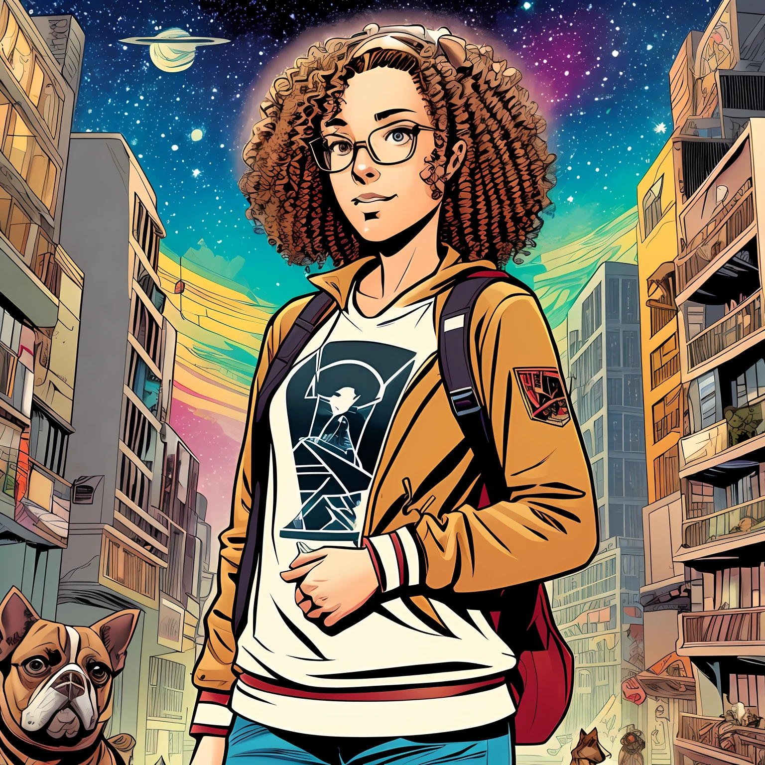 vector, graphic novel, woman with curly hair wearing nerdy clothes, gamer galaxy explorer, with her dogs,