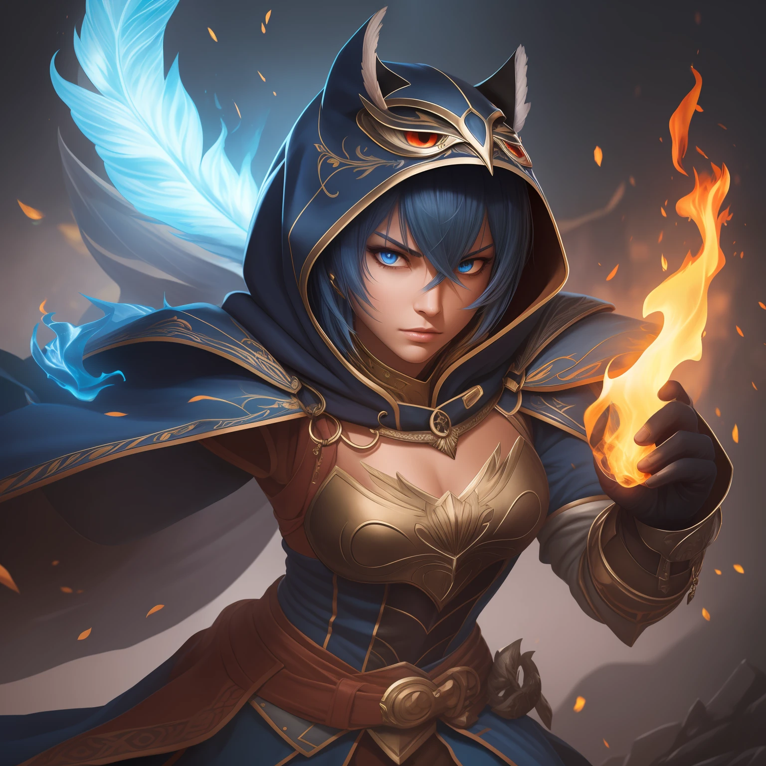 The character's medium-lightweight clothing is made up of several layers of sturdy and flexible fabric that fits their body comfortably and efficiently The predominant colors on the armor are blue and gray, with some black details to accentuate the look The character's head is adorned with a hood that has owl-like ears, referencing the animal that is often associated with wisdom and knowledge The hood fits perfectly on the character's head, ensuring they can move freely and without hindrance The character's armor has owl feather elements that add a sense of lightness and agility to the outfit The details are highly detailed and precise The character's element is blue fire, visible in their hands and around their body The flame is bright and intense, adding a sense of danger and power to the image The character's expression is determined and focused, suggesting they are capable of controlling the flame with precision and skill The background of the image is dark and mysterious, with some flames in the background to emphasize the character's element The image should be highly detailed, with a focus on the armor and visual details that make the character unique and memorable