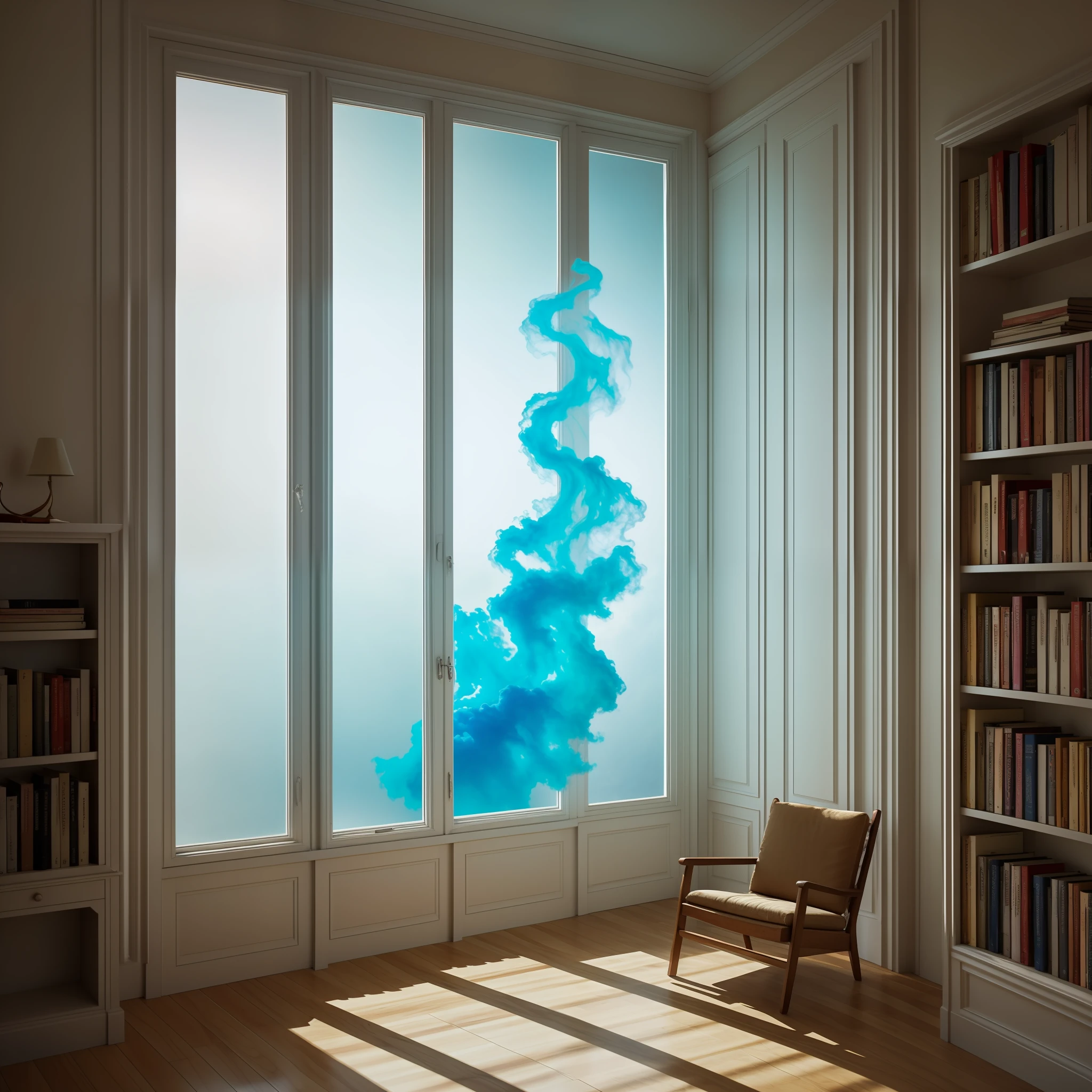 A real photo, an open window of a room, with an energy coming out, psychedelic colors, strong wind, books flying