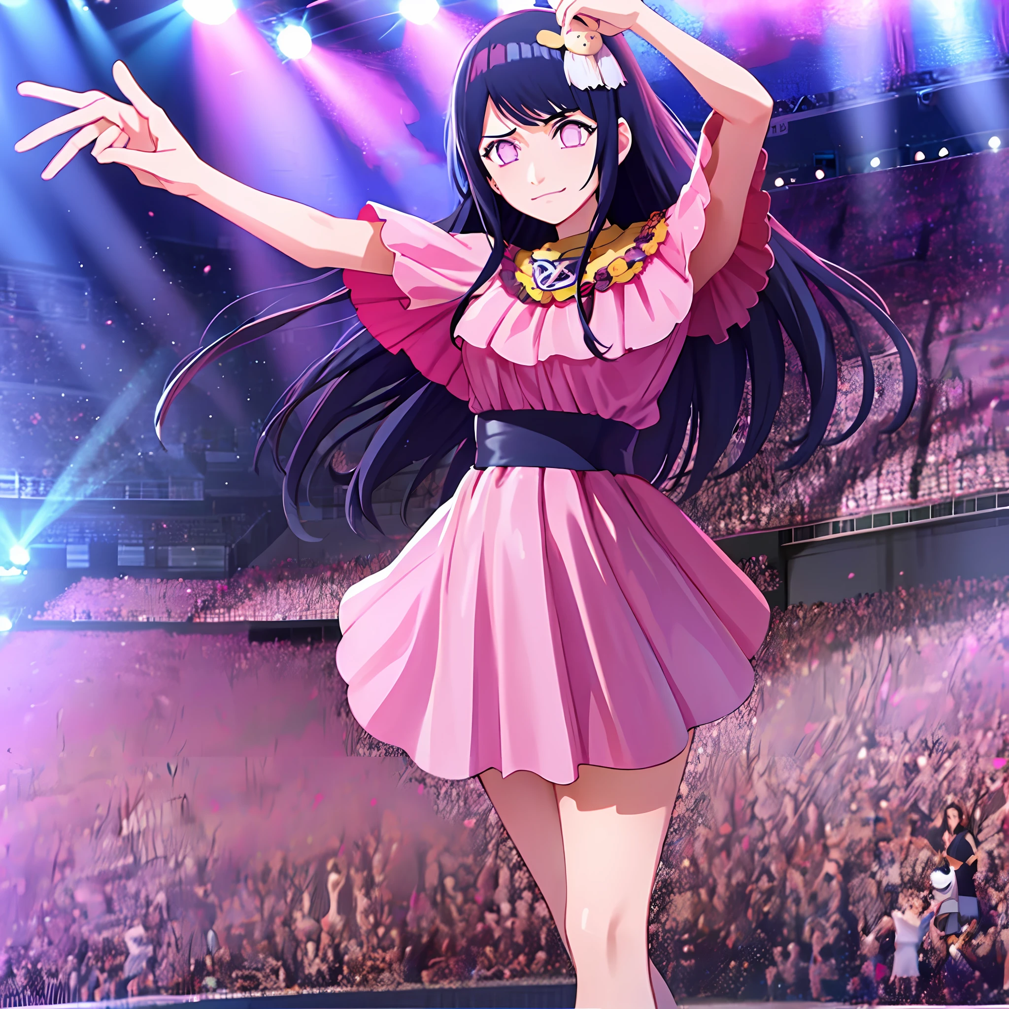 1girl, Hoshino Ai, long hair, dark blue hair ,purple eyes, hair ornament, blunt bangs, hinata hyuga as hoshino ai, sad smile, standing (pink idol clothes:1.3), concert hall, live concert