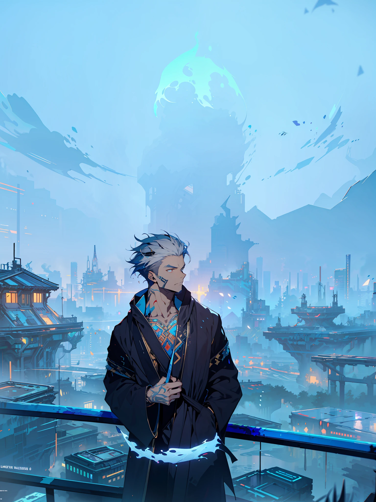 Cyberpunk male, fantasy world, dark background, clean design, epic instagram, artstation, colorful paint splatter, silhouette, hyper detailed intricate details, unreal engine, fantasy, intricate details, splash screen, complementary colors, Fantasy concept art, 8k resolution, deviantart masterpiece, oil painting, heavy strokes, paint dripping, (isolated on white background: 1.3), rainbow skin, (((handsome young man))), ((age:1.5) ), (glowing blue eyes), ((light eyes)), ((((short white hair: 1.1))), ((black clothes)), (prince\\(indifferent expression\\),, ( ((Wears high detail luxurious black robe))), white hair, (chest) --v 6