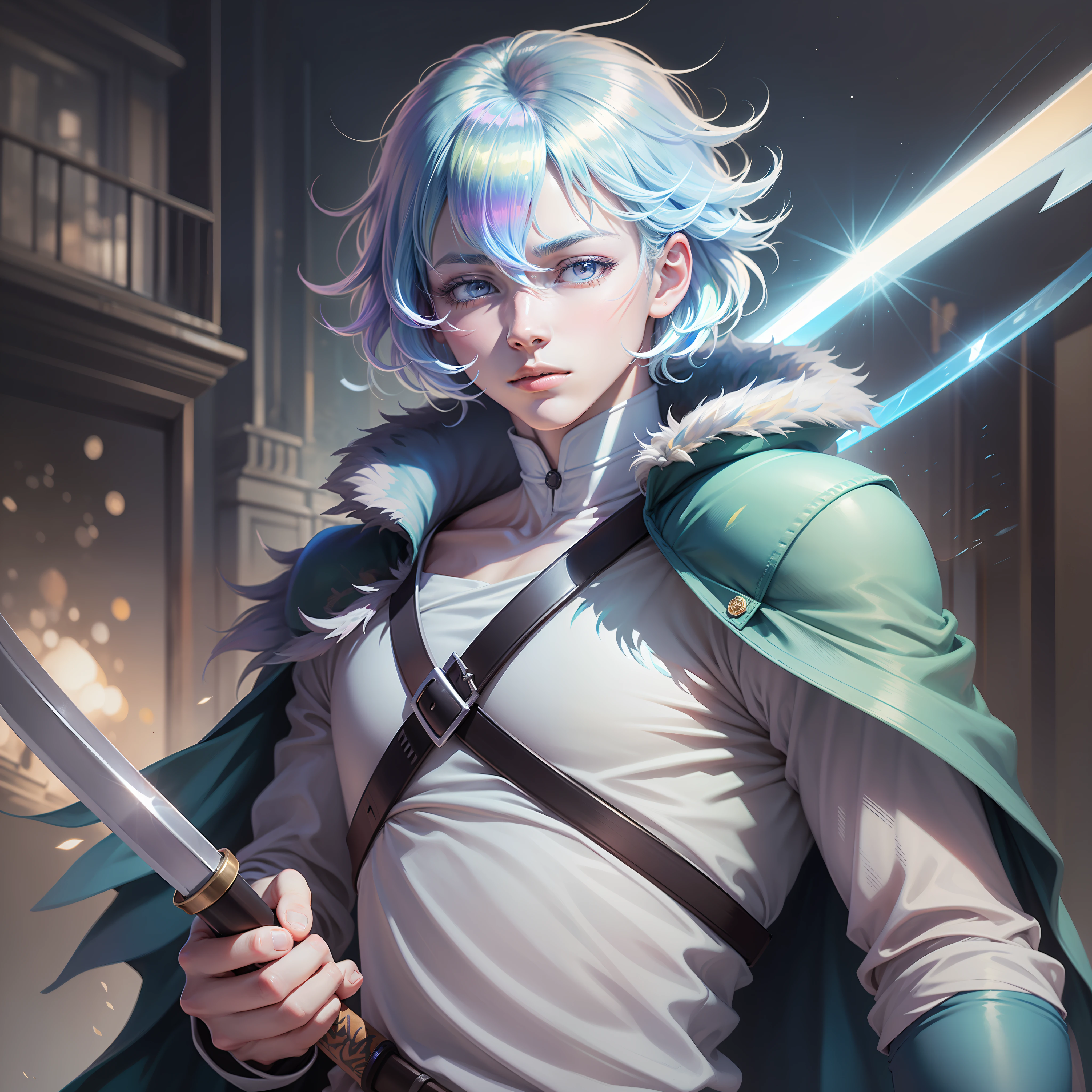 diamond, multicolored hair, multicolored eyes,(male),Anime - Style picture of a boy with blue hair and a furry blue coat,with a sword in hand,swordsman