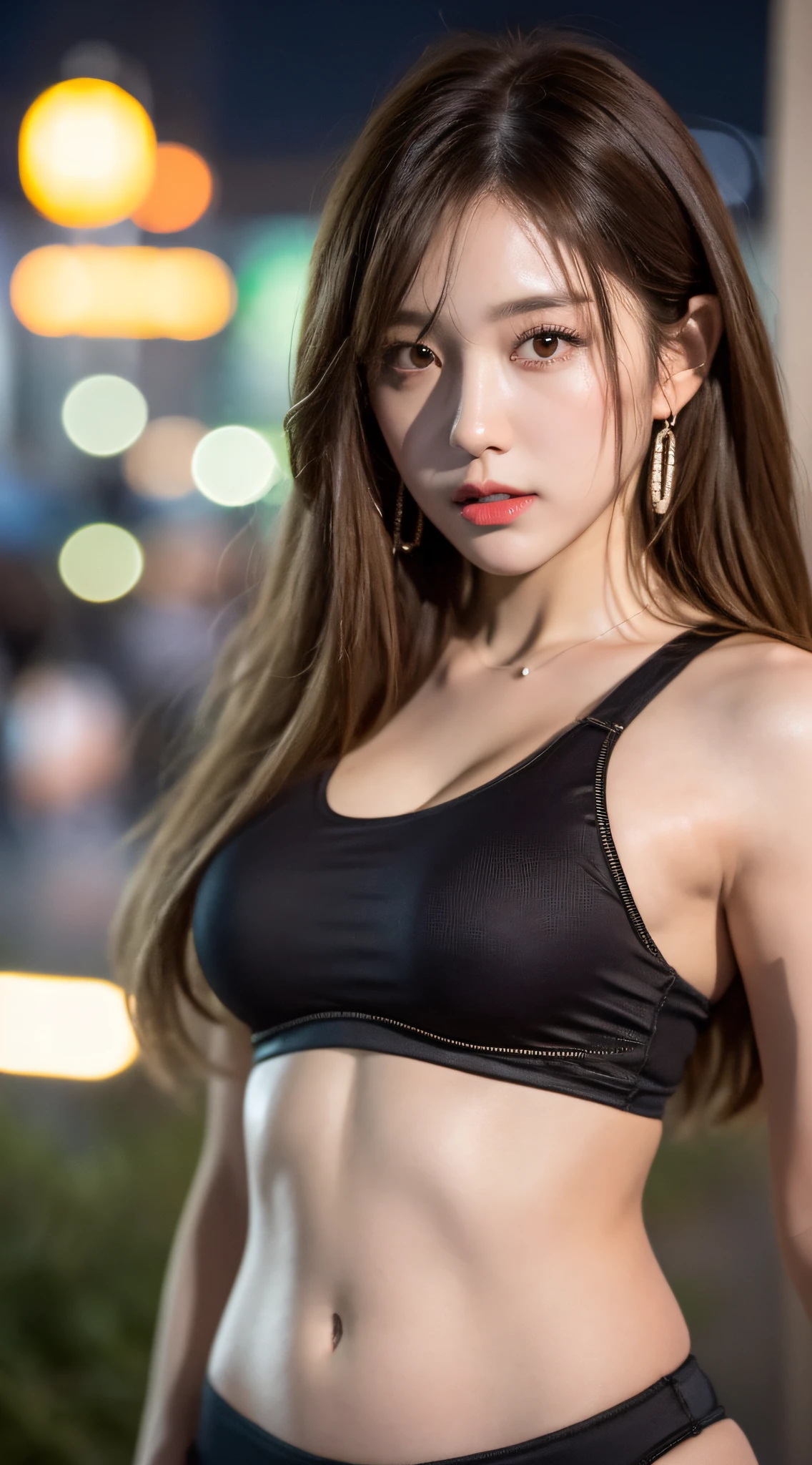 Masterpiece 8K image quality clear focus photo, beautiful lighting, realistic expression, perfect body shape woman with slim abdomen, dark brown hair, wearing crop top, street style outdoors at night.