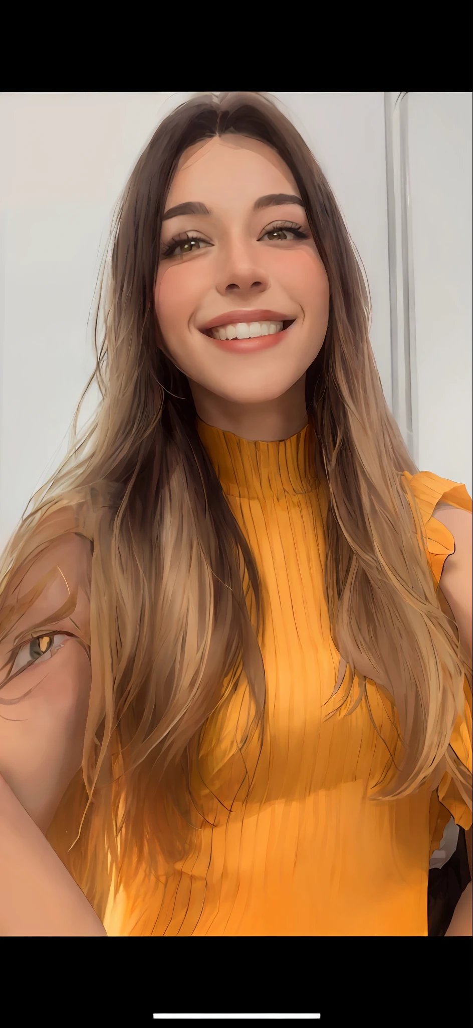 a close up of a woman with long hair and a yellow top, instagram story, alanis guillen, headshot profile picture, brunette with dyed blonde hair, professional profile picture, frontal picture, beautiful and smiling, malika favre, she is smiling and excited, looks like fabiula nascimento, 🤬 🤮 💕 🎀, selfie of a young woman