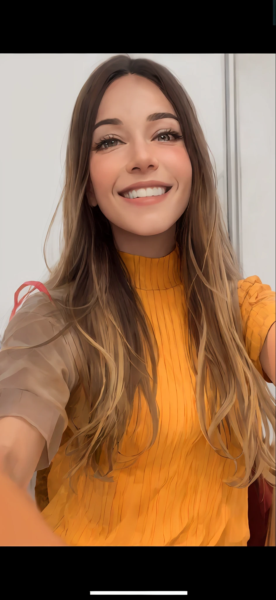 a close up of a woman with long hair and a yellow top, instagram story, alanis guillen, headshot profile picture, brunette with dyed blonde hair, professional profile picture, frontal picture, beautiful and smiling, malika favre, she is smiling and excited, looks like fabiula nascimento, 🤬 🤮 💕 🎀, selfie of a young woman
