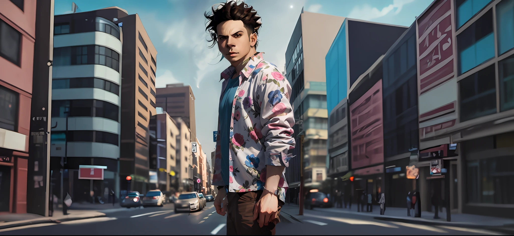 arafed man with a bag on a city street, hyperrealism artstyle, ross tran style, hyperrealism style, hyper realistic style, brandon woelfel, in a style of hyperrealism, mid shot portrait, hyper realism, realistic clothing, hyper - realism, hyper-realism, hyperrealism photo, anime style mixed with fujifilm, floral dream