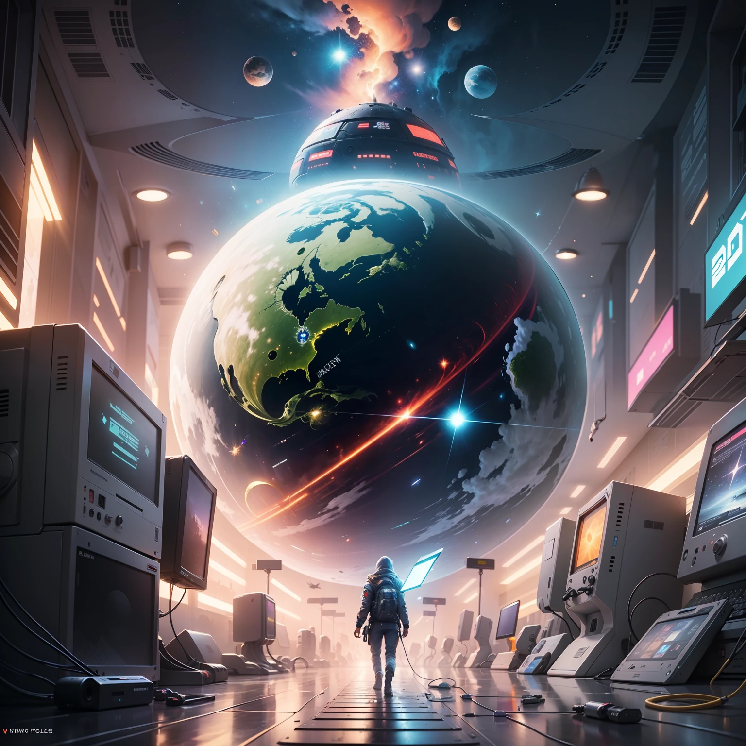 someone is playing a video game on a computer with a star in the background, threyda, the encrypted metaverse, game key art, key art, deeper into the metaverse we go, metaverse concept art, official artwork, borne space library artwork, beeple masterpiece, beeple artwork, background artwork, scifi art, computer game art --auto --s2