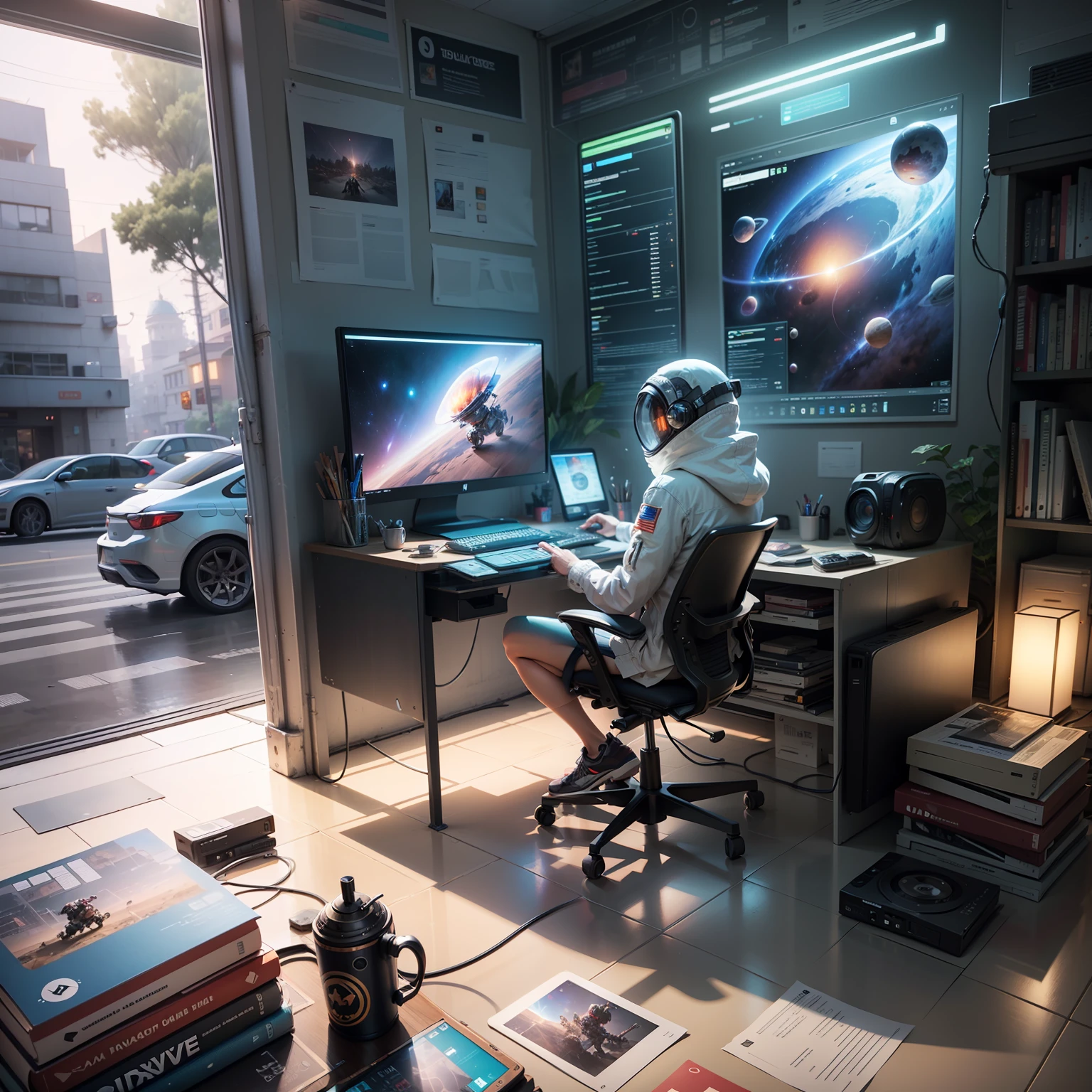 someone is playing a video game on a computer with a star in the background, threyda, the encrypted metaverse, game key art, key art, deeper into the metaverse we go, metaverse concept art, official artwork, borne space library artwork, beeple masterpiece, beeple artwork, background artwork, scifi art, computer game art --auto --s2