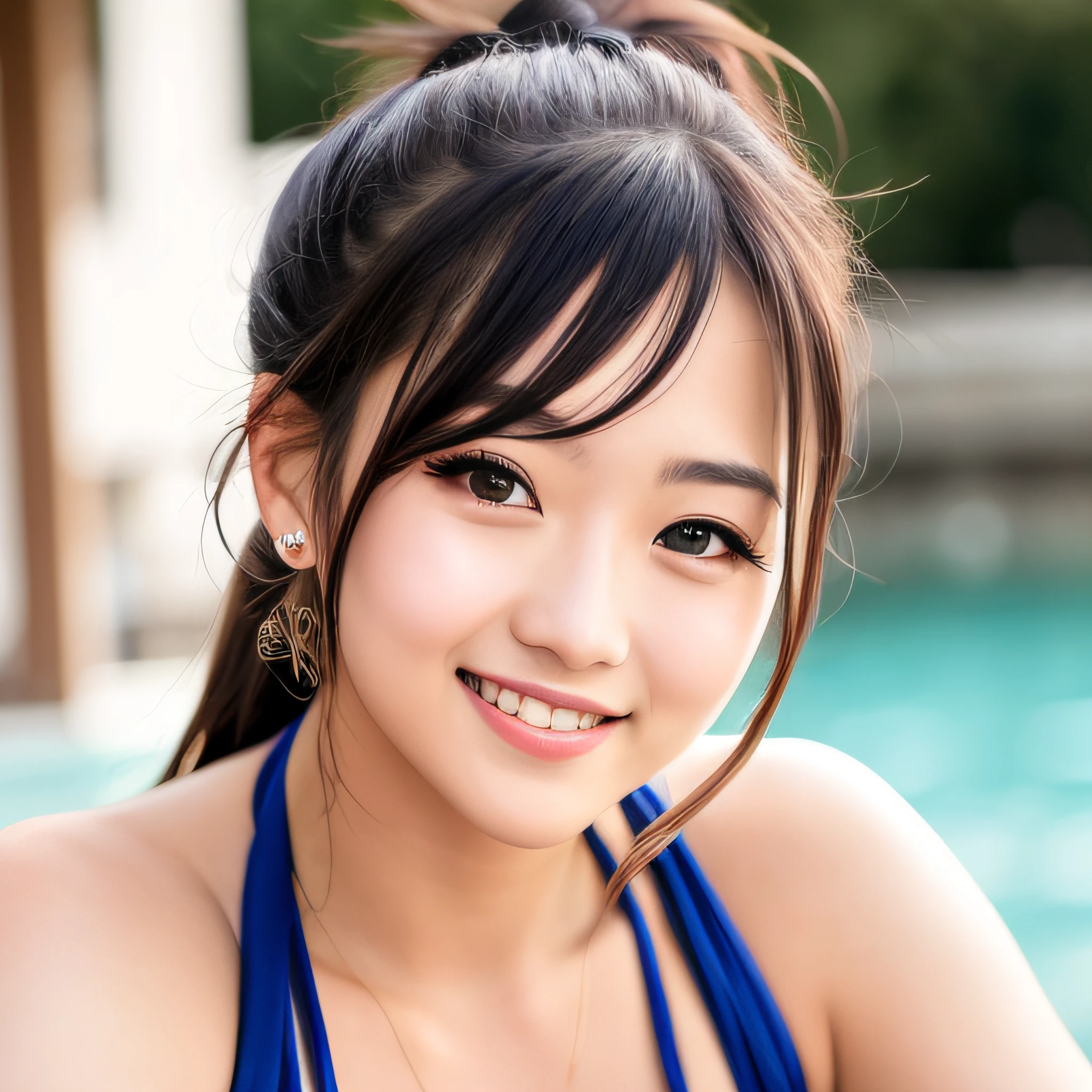 Horizon, watch the audience, natural makeup, realism, realistic photos, professional color correction, 8K, F2.4 aperture, 35mm lens, realistic face, Japan idol, 20 years old, ponytail hairstyle, big eyes, double eyelids, seductive face, cute beautiful face, big smile, white beautiful skin, fine skin, perfect proportions, sexy bikini, only facial area included.