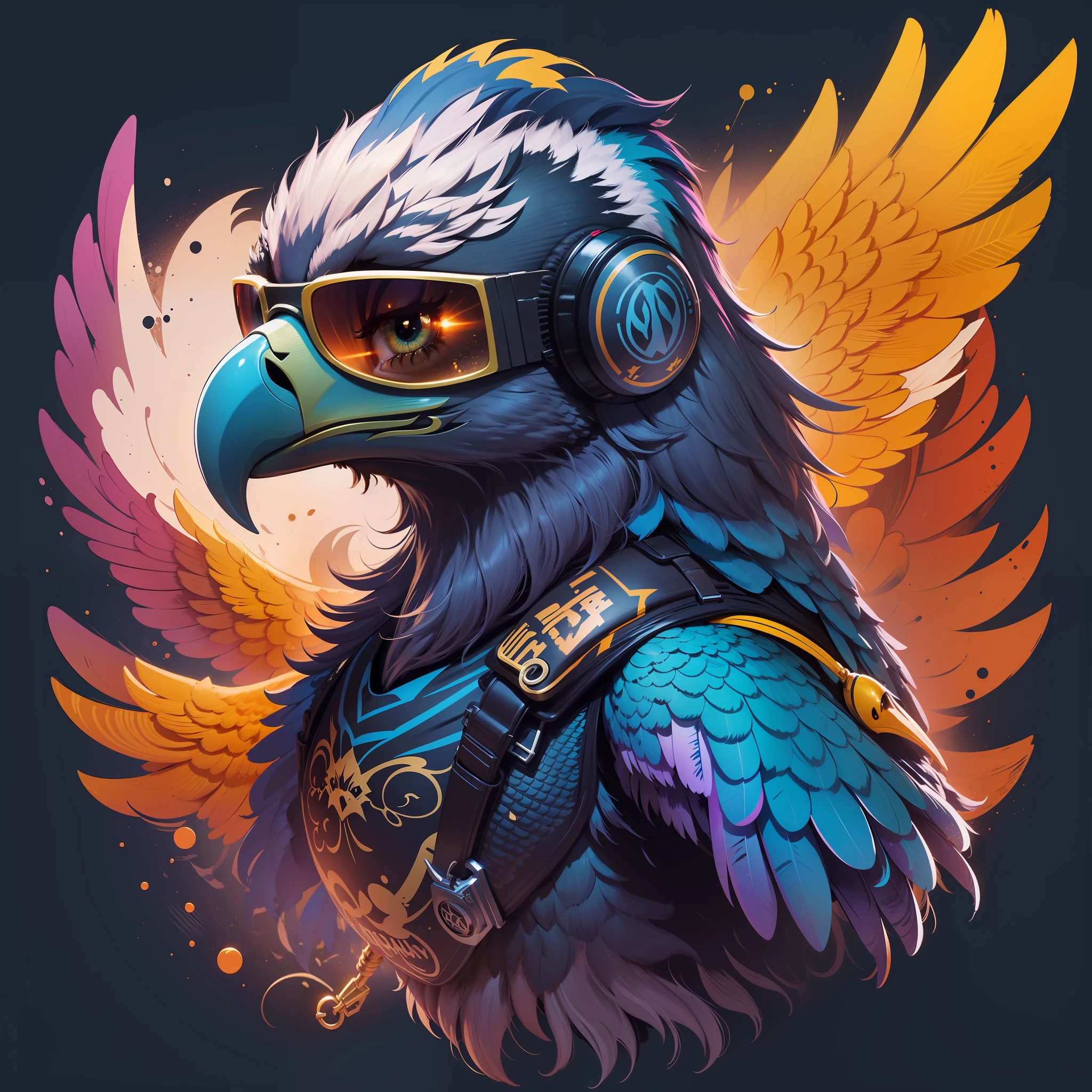 T-shirt design, genshin impact graphic, vector, A Eagle Wearing Sunglass and wearing a headphone, Vivid colors