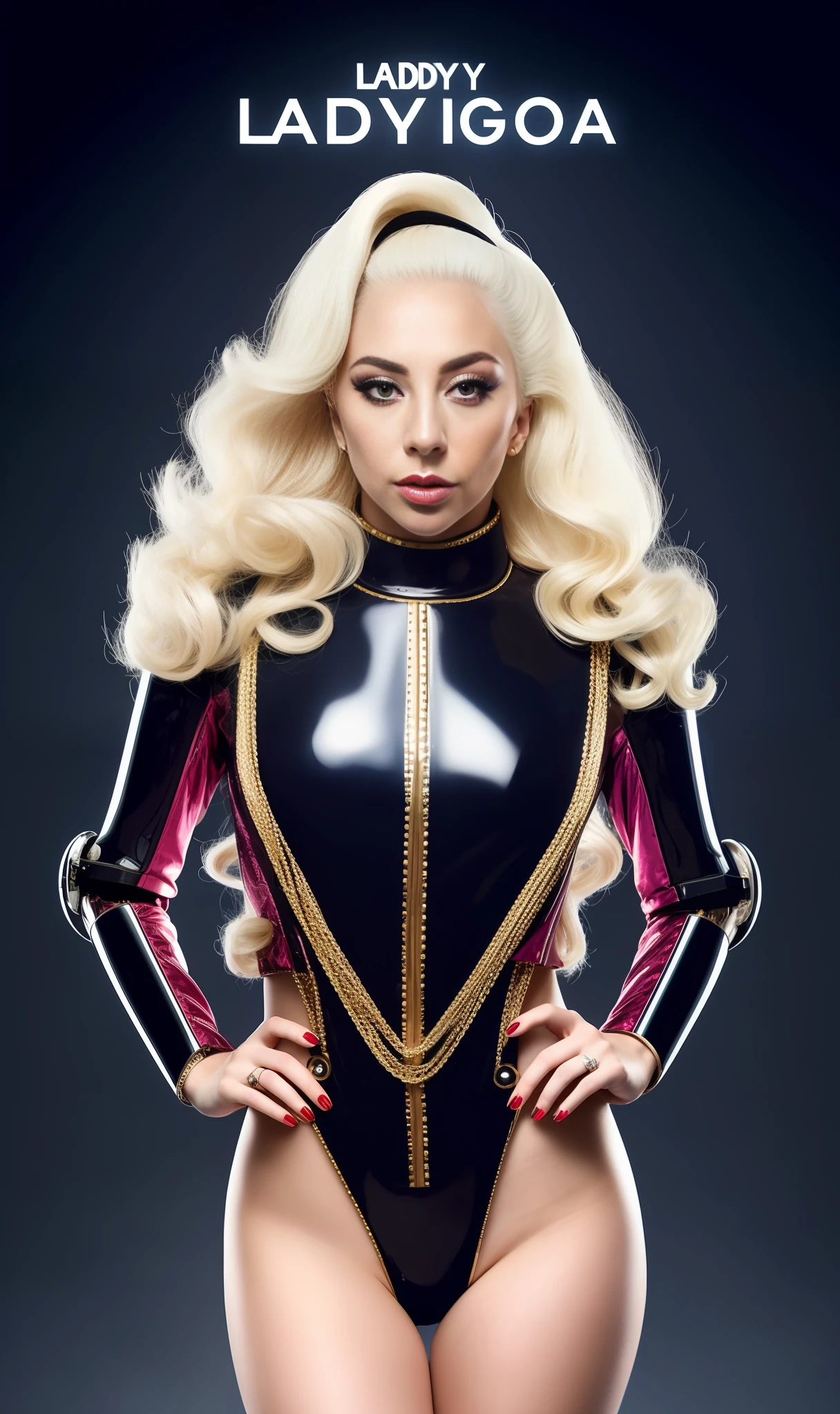 Lady Gaga Photo with Extravagant Robotic Suit, 4K Texture, Long Hair, High Quality, Extravagant Hairstyle, Original Album Cover, 8K Image, Futuristic, High Image Quality, At Night, Hair Accessories, 8K Image, High Quality Realistic Face, Full Body, Different Body Poses, High Quality Face, Defined Features,HD, Full Body,  Various poses