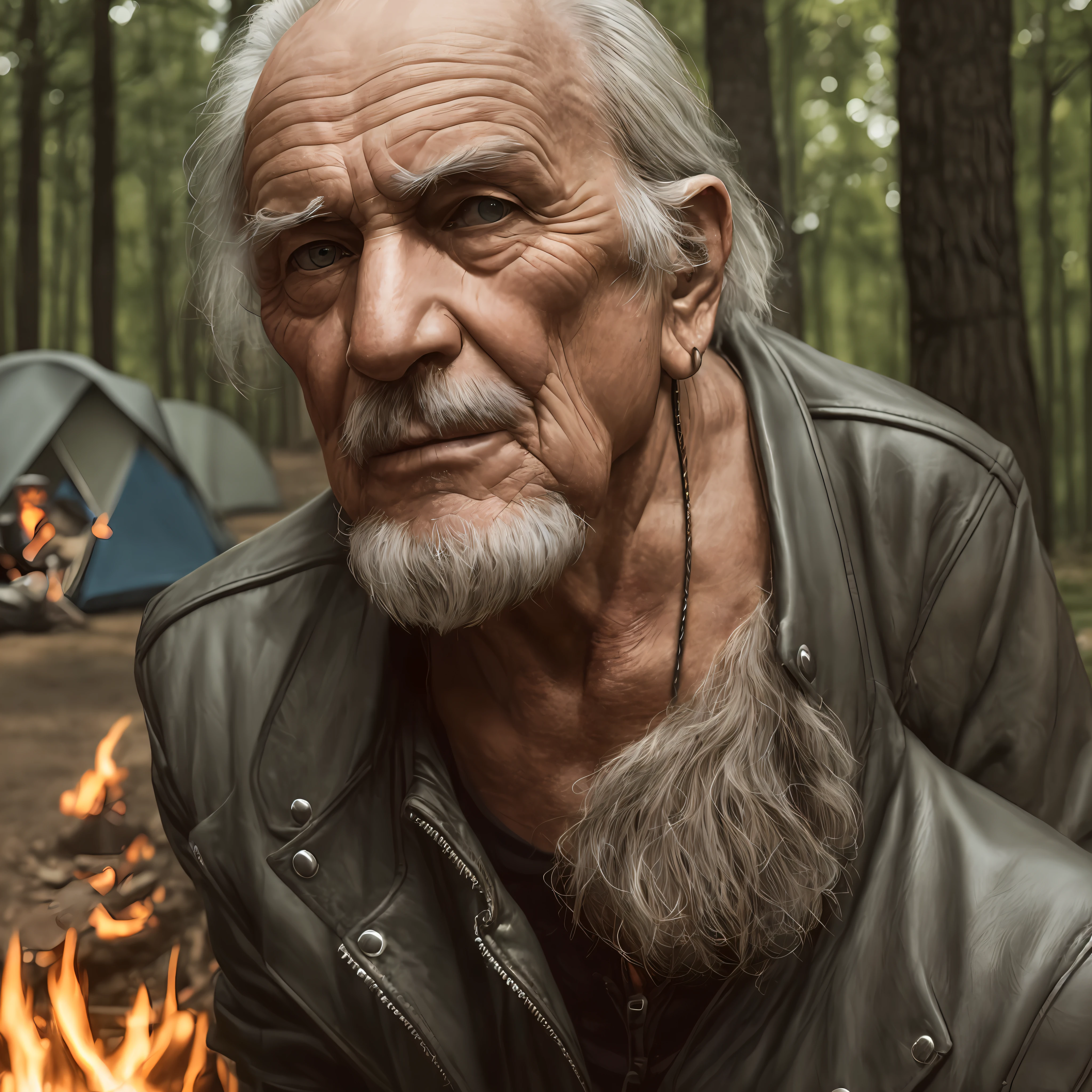Wise, old, biker, face seen up close, camping, campfire, motorcycle, looking from the front, realistic --auto