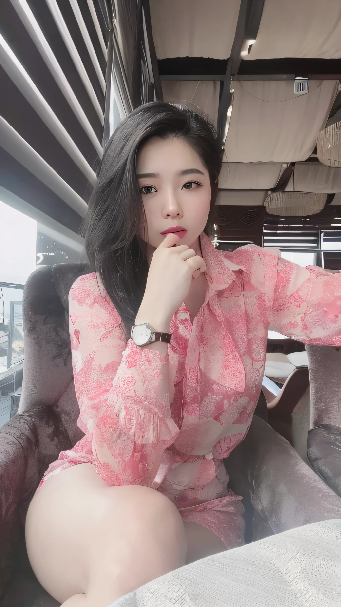 there is a woman sitting in a chair with a watch on her wrist, dang my linh, xintong chen, korean girl, chinese girl, beautiful south korean woman, 1 8 yo, sakimichan, korean woman, dilraba dilmurat, 👅 👅, 🤬 🤮 💕 🎀, ruan cute vtuber, lovely woman