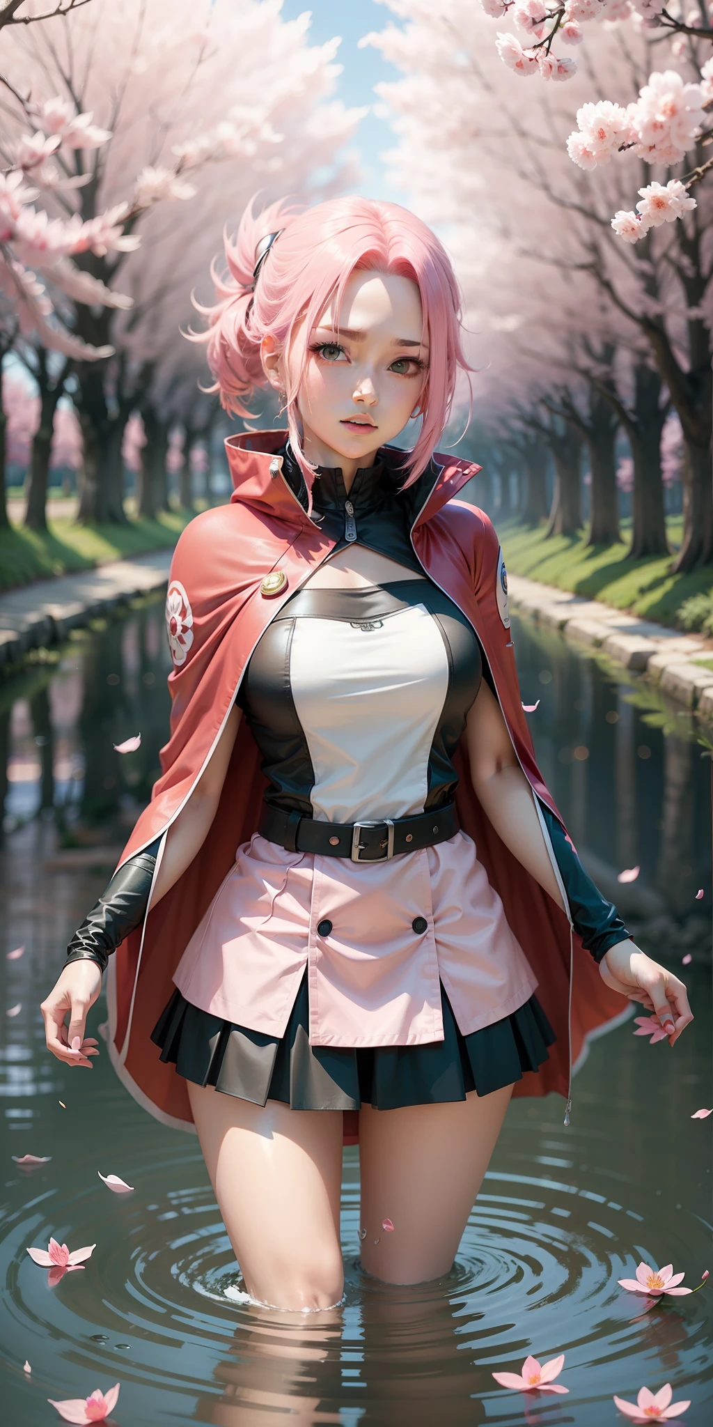 anime girl with pink hair and a red cape standing in front of a lake, sakura haruno, haruno sakura, sakura haruno in slug sage mode, sakura kinomoto, sakura petals around her, sakura season, lush sakura, from naruto, anime style character, anime woman, sakura bloomimg, female anime character, anime character, yayoi kasuma