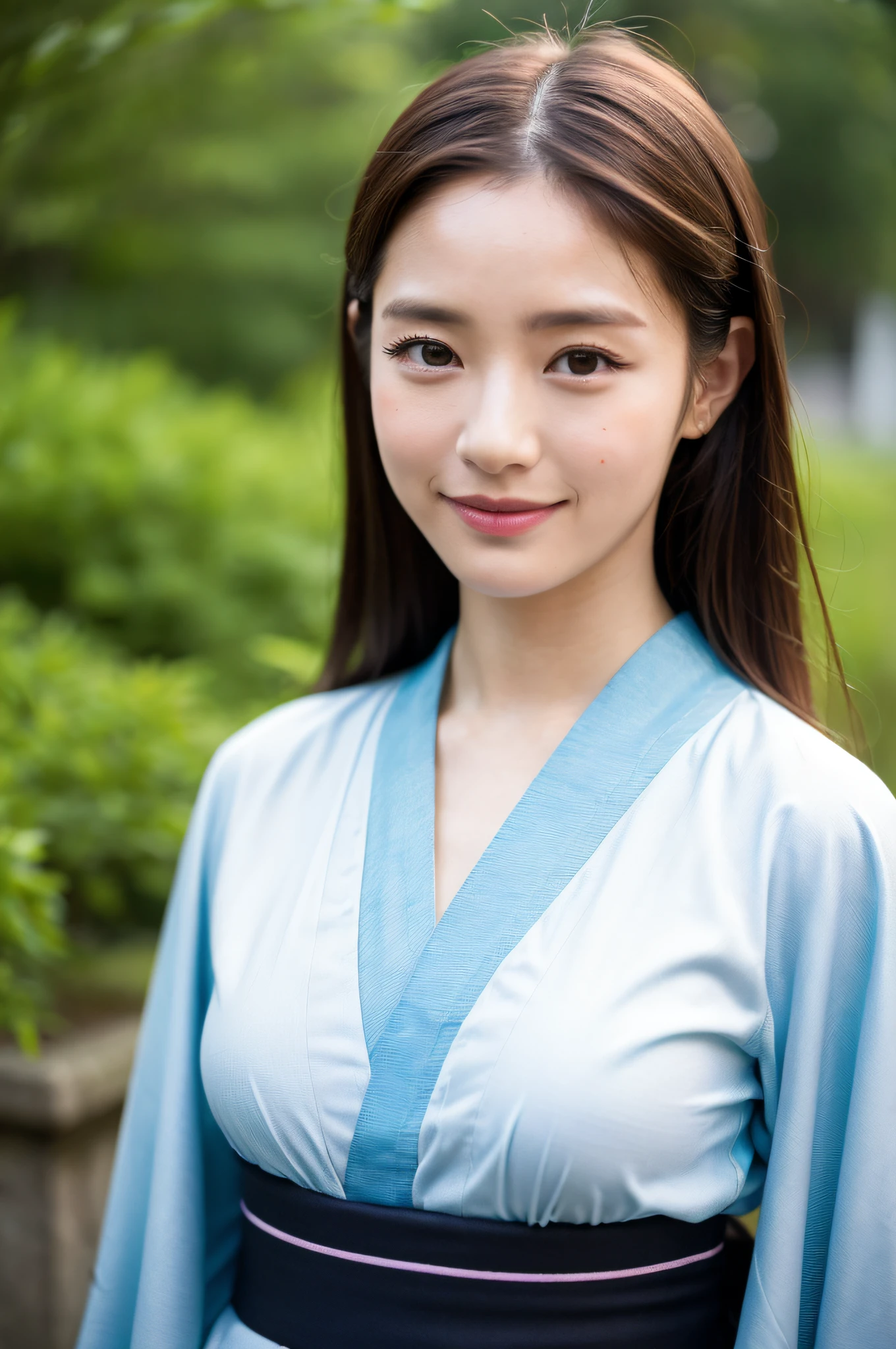 ((Best Quality, 8K, Masterpiece: 1.3)), Sharp Focus: 1.2, (Super Beautiful Face: 1.0), (Slender Abs Beauty: 1.0), (Shiny Skin: 1.0), Realistic Photography, Black Hair, Realistic Pupils, Video Lighting, High Definition Eyes and Face, Video Lighting, (Cowboy Shot: 1.3), (Kimono, Hakama, Obi: 1.4), (Korean Cute Actress), Traditional Kimono, Happiness, In Nature, Look at the audience, from the front, big