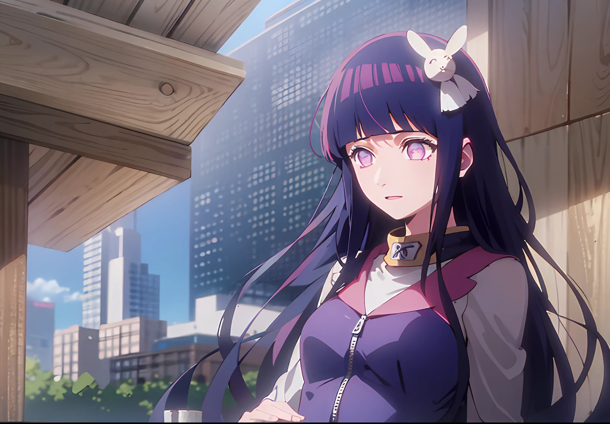 1girl, Hoshino Ai, long hair, dark blue hair ,purple eyes, hair ornament, blunt bangs, hinata hyuga as hoshino ai