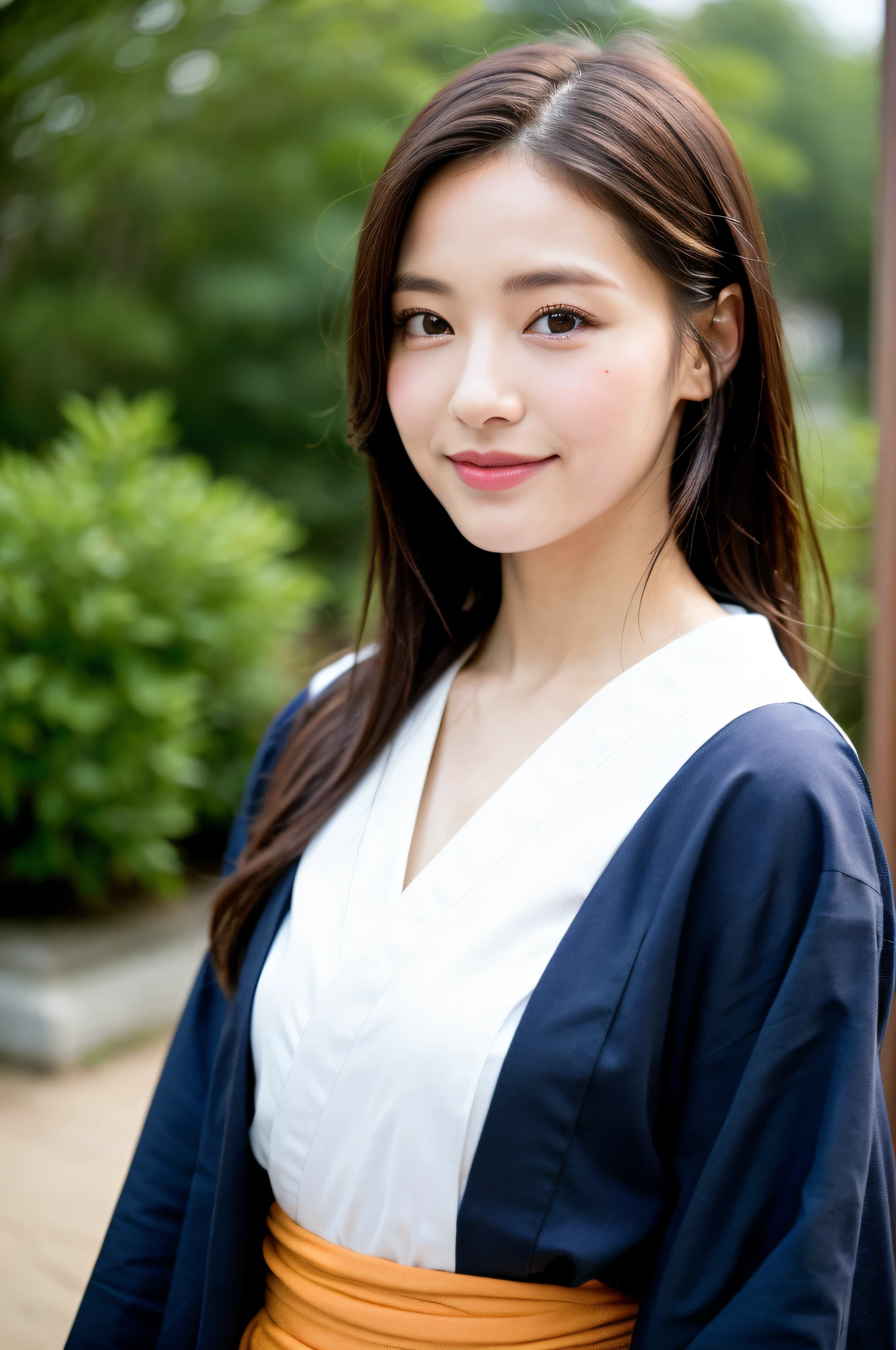 ((Best Quality, 8K, Masterpiece: 1.3)), Sharp Focus: 1.2, (Super Beautiful Face: 1.0), (Slender Abs Beauty: 1.0), (Shiny Skin: 1.0), Realistic Photography, Black Hair, Realistic Pupils, Video Lighting, High Definition Eyes and Face, Video Lighting, (Cowboy Shot: 1.3), (Kimono, Hakama, Obi: 1.4), (Korean Cute Actress), Traditional Kimono, Happiness, In Nature, Look at the audience, from the front, big