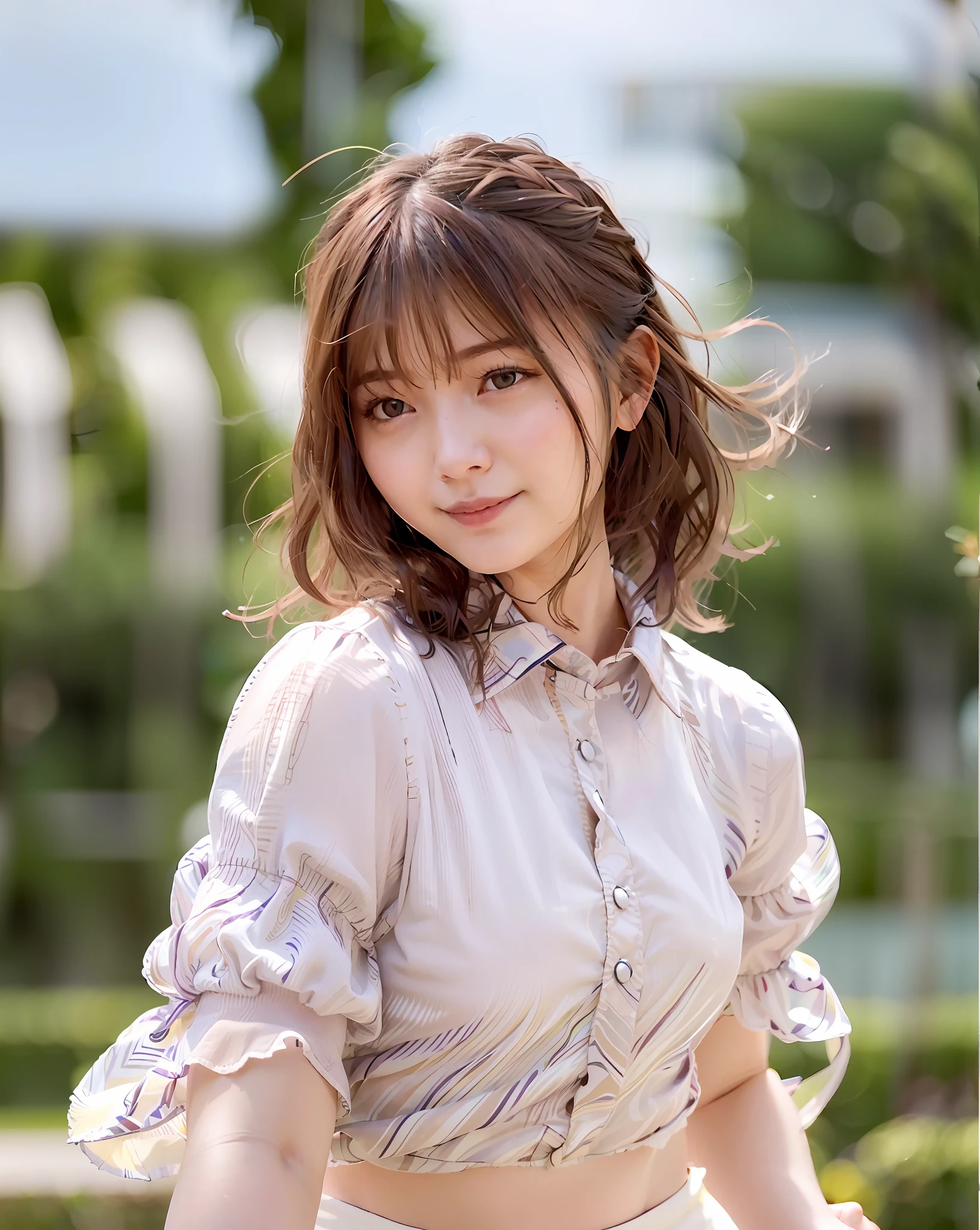 Top Quality, 1 Girl, (Skindentation), (Big), (Sun), Bright, Blurred Background, Outdoors, (Street:0.6), (People, Crowd:1), (Braided Bangs, Wavy Hair:1.5), (Sheer Shirt:1.5), Gorgeous (Floating Hair:1.5), (Dynamic Pose:1.8), Soft Lighting, Wind, Garden,