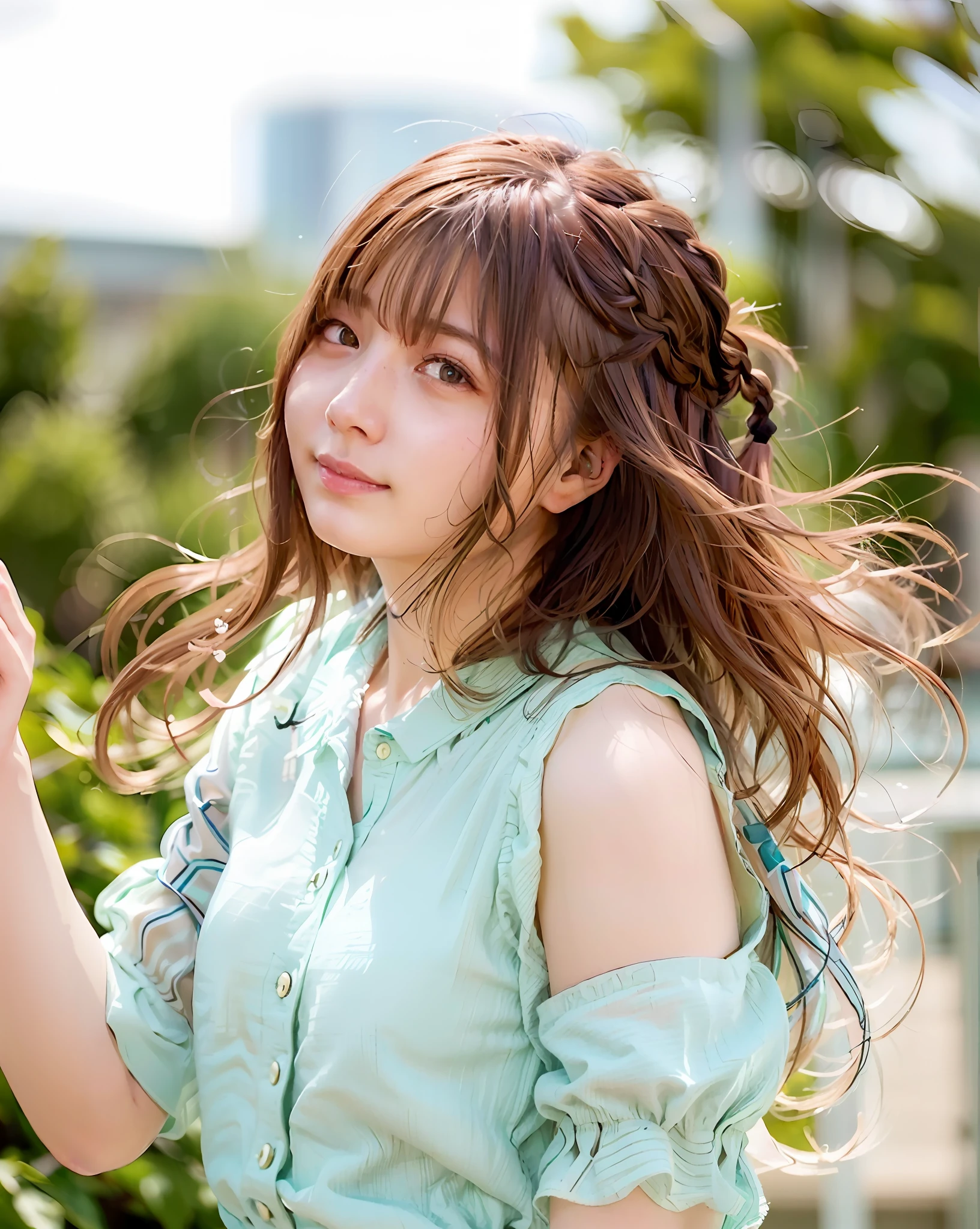 Top Quality, 1 Girl, (Skindentation), (Big), (Sun), Bright, Blurred Background, Outdoors, (Street:0.6), (People, Crowd:1), (Braided Bangs, Wavy Hair:1.5), (Sheer Shirt:1.5), Gorgeous (Floating Hair:1.5), (Dynamic Pose:1.8), Soft Lighting, Wind, Garden,