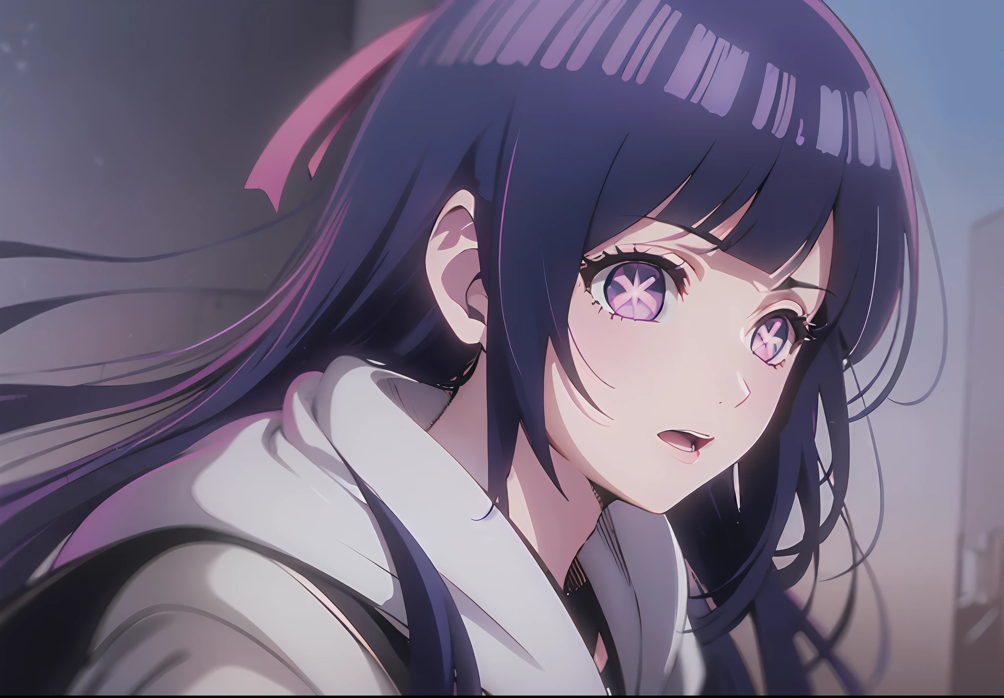 1girl, Hoshino Ai, long hair, dark blue hair ,purple eyes, hair ornament, blunt bangs, hinata hyuga as hoshino ai