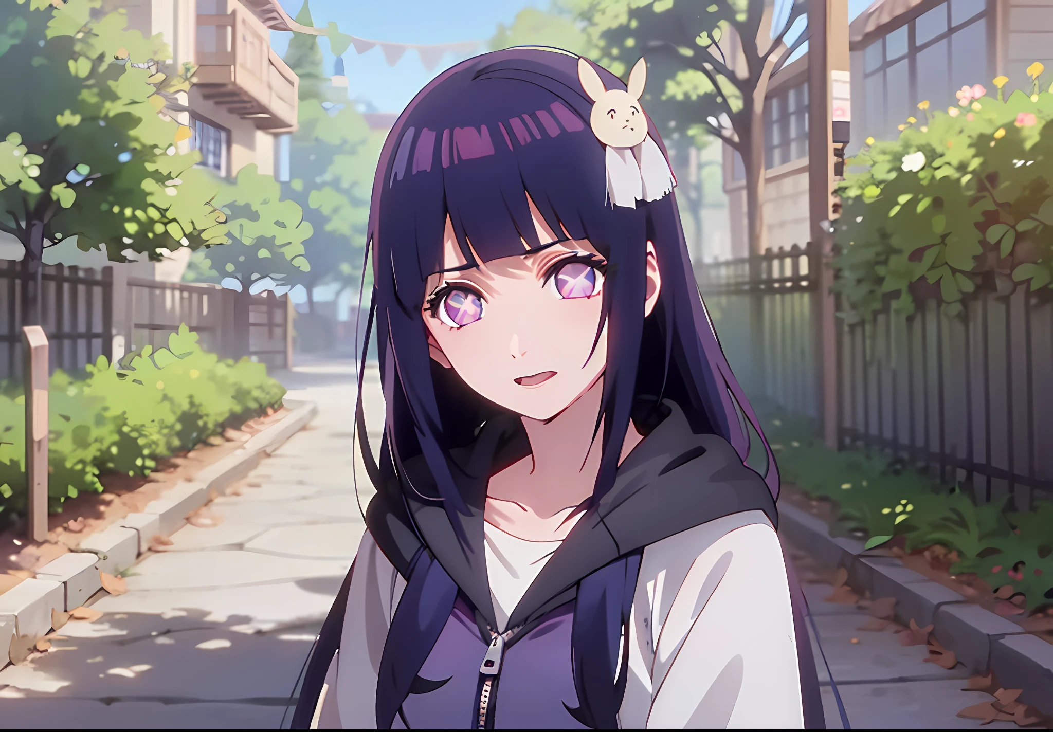 1girl, Hoshino Ai, long hair, dark blue hair ,purple eyes, hair ornament, blunt bangs, hinata hyuga as hoshino ai