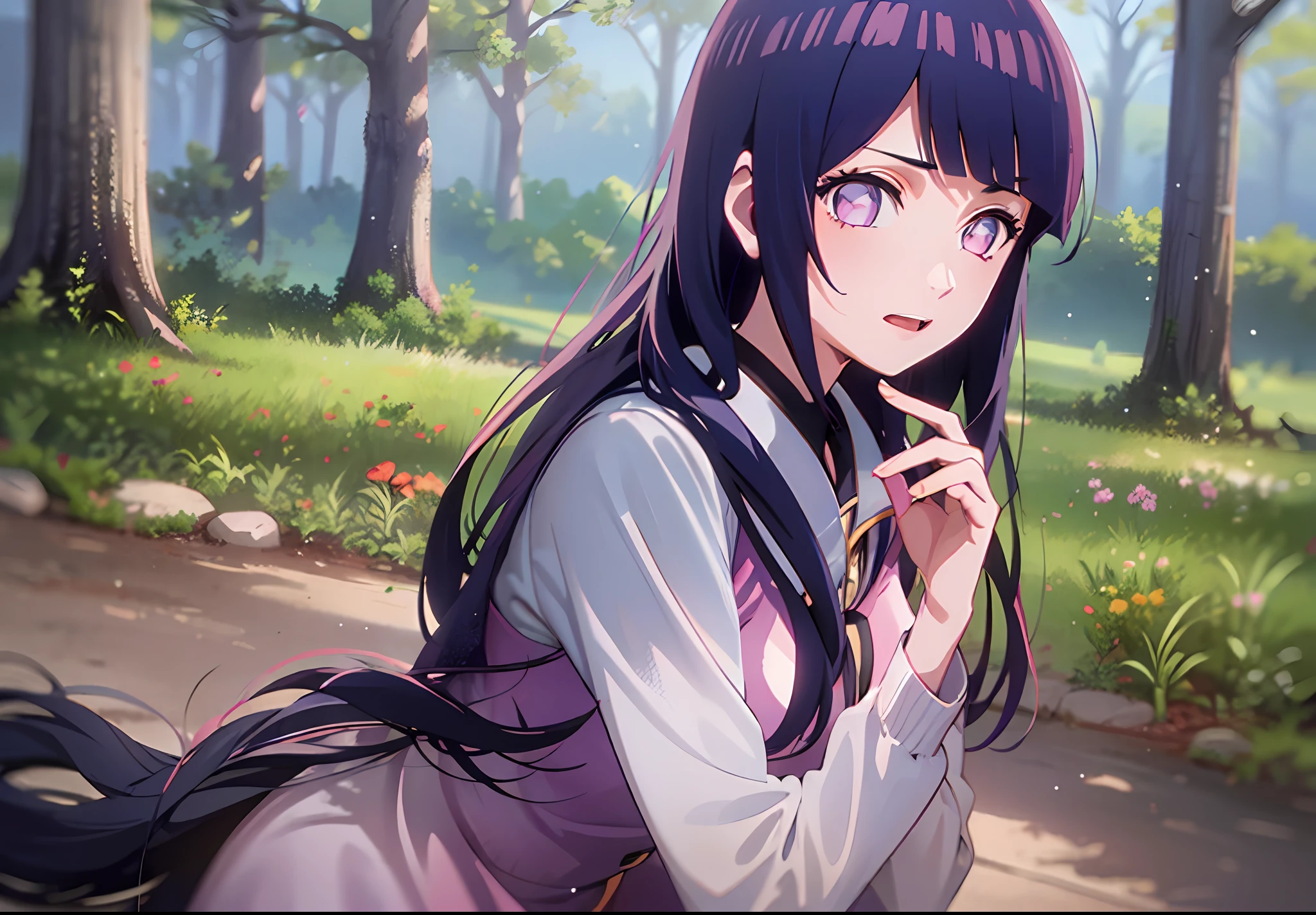 1girl, Hoshino Ai, long hair, dark blue hair ,purple eyes, hair ornament, blunt bangs, hinata hyuga as hoshino ai