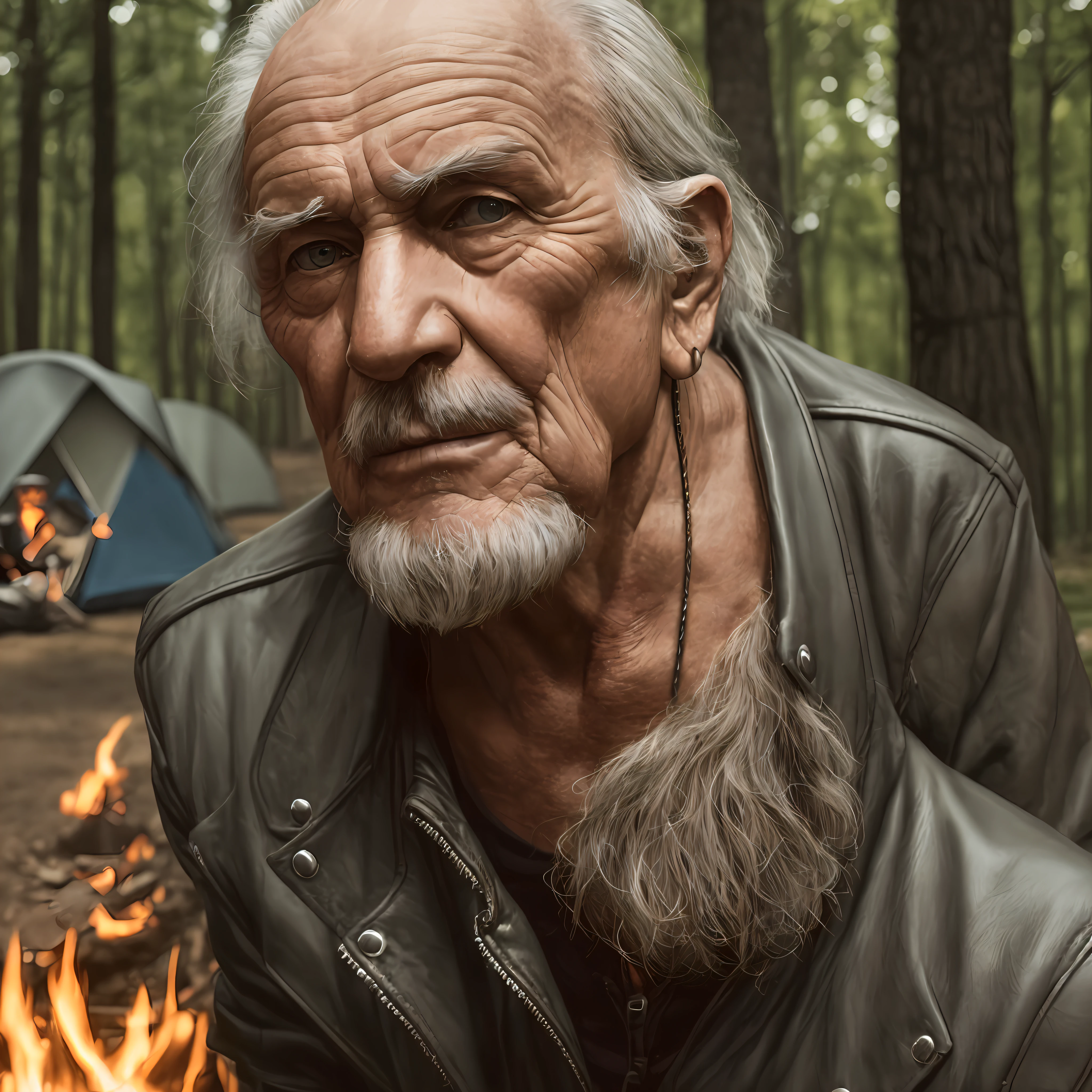 Wise, old, biker, face seen up close, camping, campfire, motorcycle, looking from the front, realistic --auto