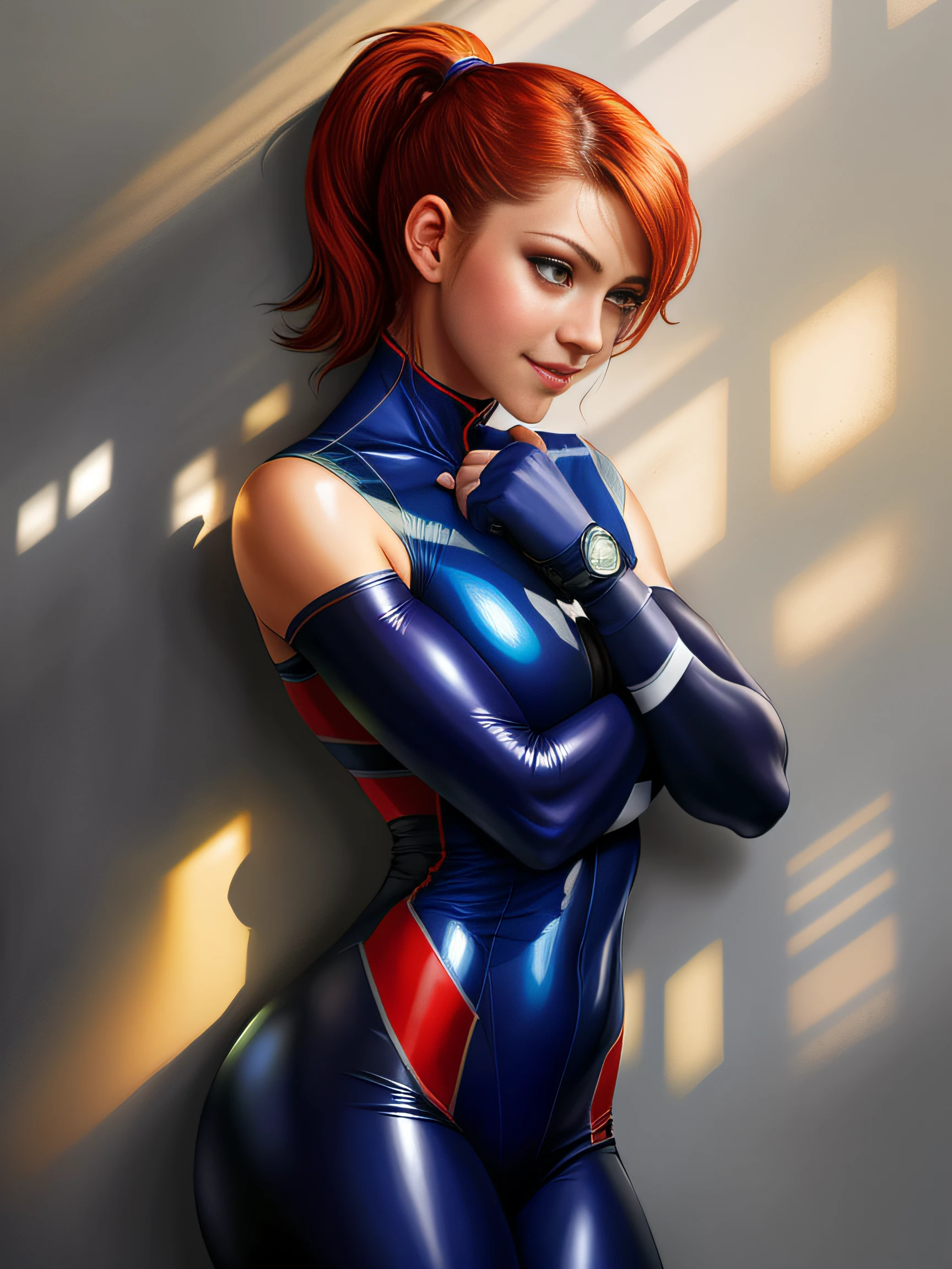 (((MASTERPIECE))), BEST RESOLUTION, LARGE FORMAT, BEST QUALITY, REALISTIC, MULTI LAYER PAINTING, GIL ELVGREEN STYLE, AN ATHLETIC WOMAN, STANDING, BEAUTIFUL FACE, ARMS CROSSED IN FRONT OF BODY, DEFINED FACE, PONYTAIL RED HAIR, LOOKING FORWARD, BIG SMILE, TIGHT LATEX RED CATSUIT, SUNTAN PANTYHOSE, LARGE BREASTS, TINY WAIST, (Tartarus: 1.4), (moon: 1.1), (science fiction setting) (detailed face), (curvy), detailed eyes, chromatic aberration, depth of field, smooth lighting, masterpiece, best quality, intricate, (lens reflection: 0.7), (flowering: 0.7), particle effects, ray tracing, tone mapping, highly detailed, concept art, smooth, sharp focus, dramatic lighting, highly detailed art, cinematic, hyper-realistic painting, trend on Artstation, 8K, amazing shadows, realistic, (highly detailed background: 1.2), art of the middle of the journey --auto