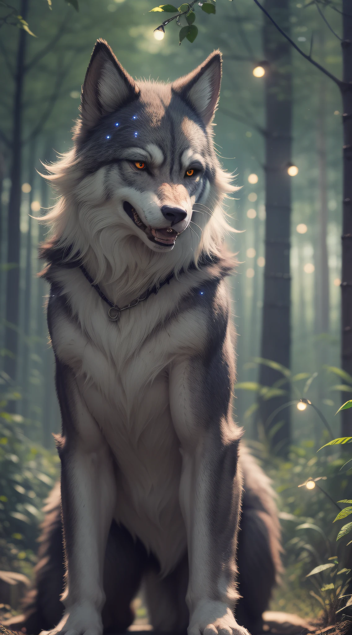 werewolf, with girl at the forest sparkle lights