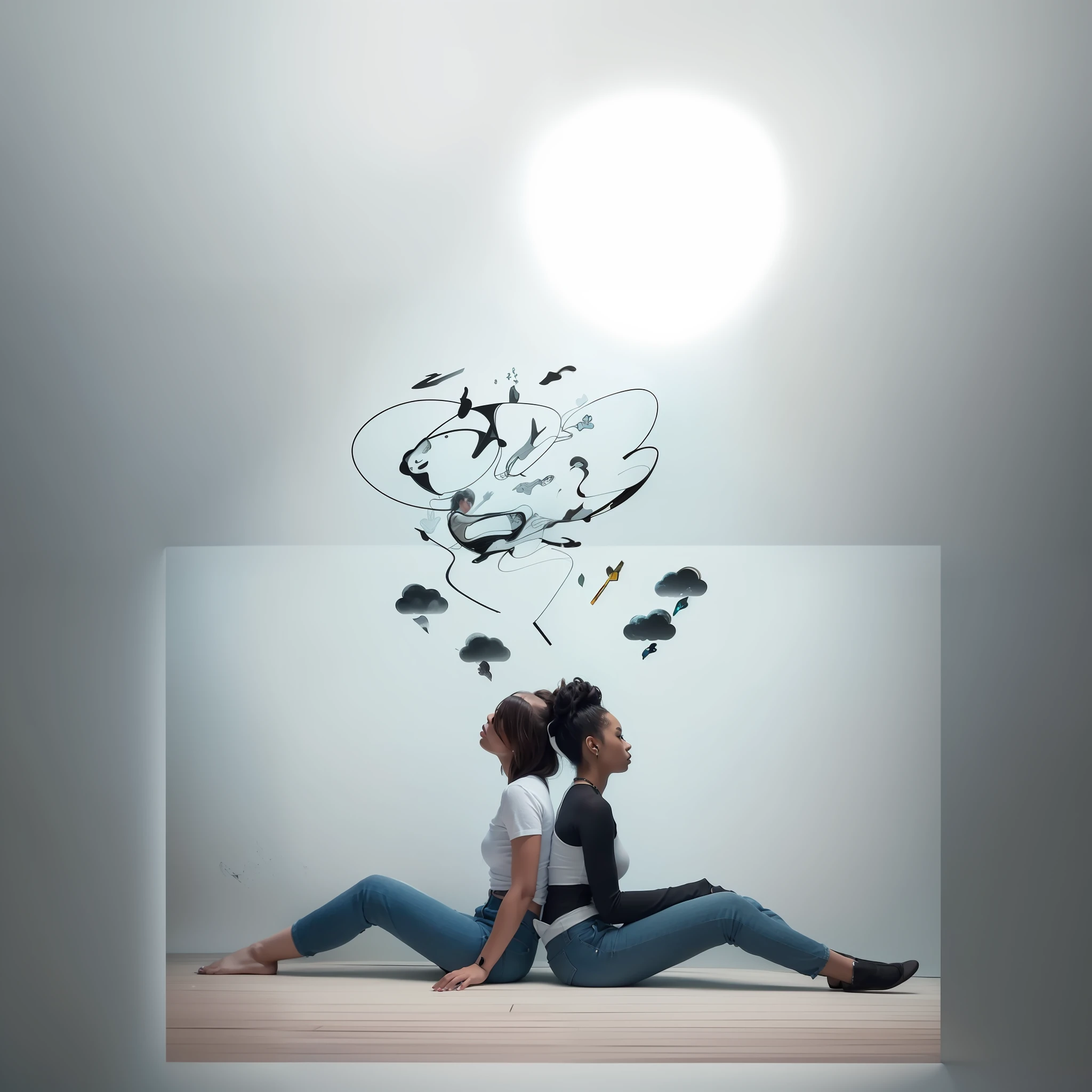 two women sitting on the floor with a drawing of a man and woman, promo art, thinking pose, dramatic thinking pose, promo image, thoughtful ), ad image, thinker pose, full image, expressive pose, thoughtful, next gen, looking at each other mindlessly, artistic interpretation, artistic impression, gen z, expressive poses, photoshoot, thoughts, swirling around, thinking
