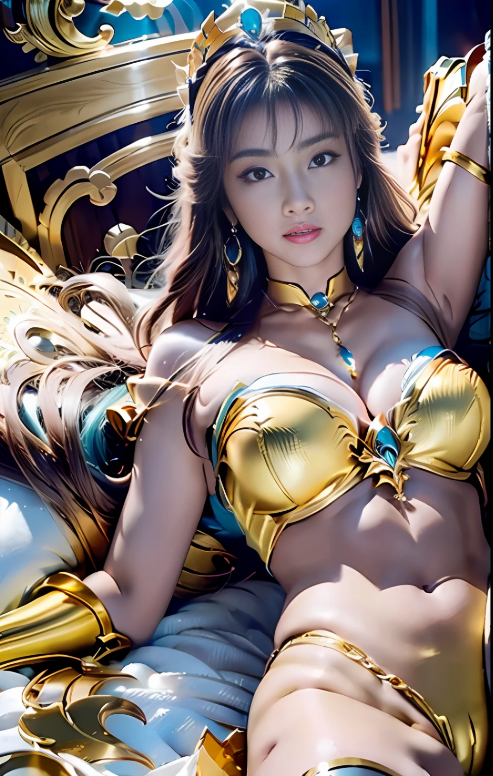 Golden Saint Seiya Queen lying on her back on bed (open legs bent and raised: 1.4), beautiful long legs, gold armor, reclining, recommended positive prompts: Best quality, masterpiece, ultra high res, (photorealistic: 1.4), 1girl, moyou, realistic, (Saint Seiya: 1.4), Taoism, (Phoenix pattern: 1.4), off-the-shoulder, (buttocks: 1.4), exposed panties, exposed butt groove, underboob, (looking down: 1.4), unrealistic engine style, detailing, surreal, boca effect, shot in David LaChapelle's style, bioluminescent palette: lilac, pale pink, bright white, wide angle, ultra-fine, cinematic still life, vibrant, Sakimichan's style, perfect eyes, Highest image quality 16K, inspired by Harry Winston, shot on Canon EOS R 6, masterpiece , --Chaos 50, gray hair, crown, mole under the eyes, gitchham, wide angle, canon, projection illustration, ray tracing, surrealism, textured skin