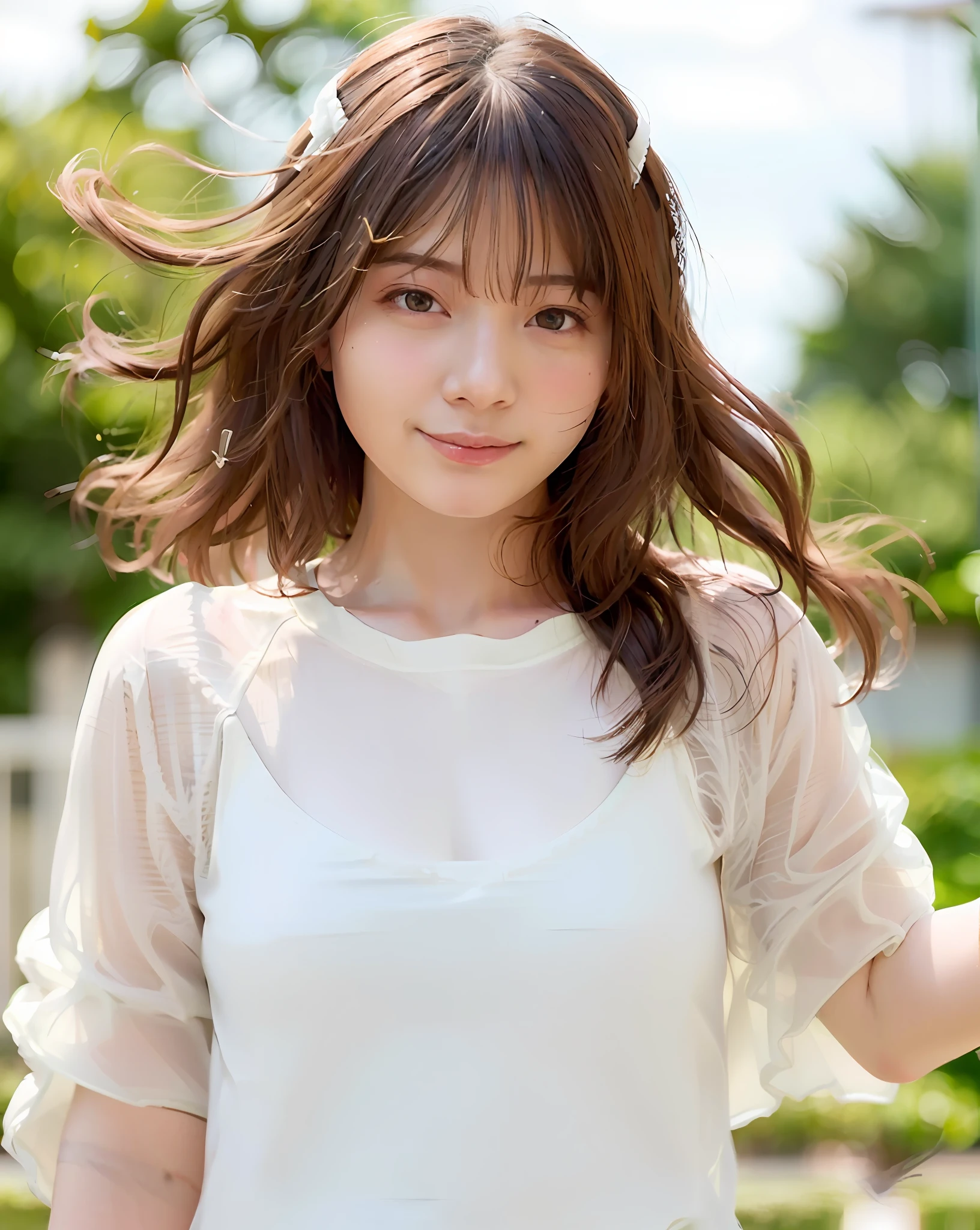 Top Quality, 1 Girl, (Skindentation), (Big), (Sun), Bright, Blurred Background, Outdoors, (Street:0.6), (People, Crowd:1), (Bangs, Wavy Hair:1.5), (White T-shirt:1.8), (See-through Shirt:1.8), Gorgeous (Floating Hair:1.5), (Dynamic Pose:1.8), Soft Lighting, Wind, Garden