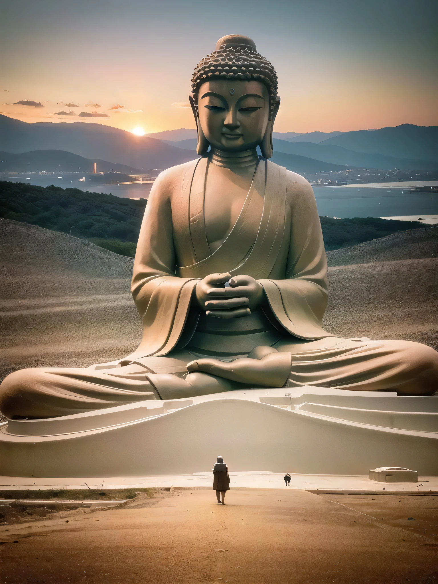 (giant tall buddha statue upper body far away:1.5, ), (cyberpunk city background:1.2), , (photorealistic:1.4), (best quality:1.0), (ultra highres:1.0), 8k, RAW photo, (masterpiece:0.2), ultra-detailed, (pilgrims from behind on road:0.8),