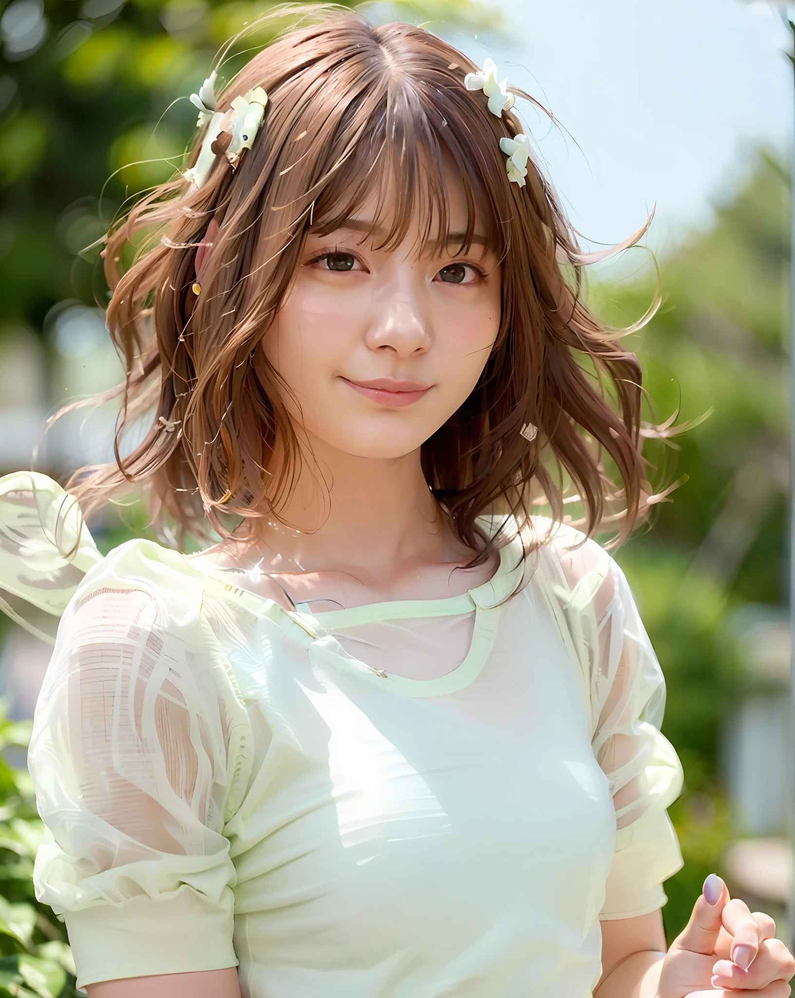 Top Quality, 1 Girl, (Skindentation), (Big), (Sun), Bright, Blurred Background, Outdoors, (Street:0.6), (People, Crowd:1), (Bangs, Wavy Hair:1.5), (White T-shirt:1.8), (See-through Shirt:1.8), Gorgeous (Floating Hair:1.5), (Dynamic Pose:1.8), Soft Lighting, Wind, Garden