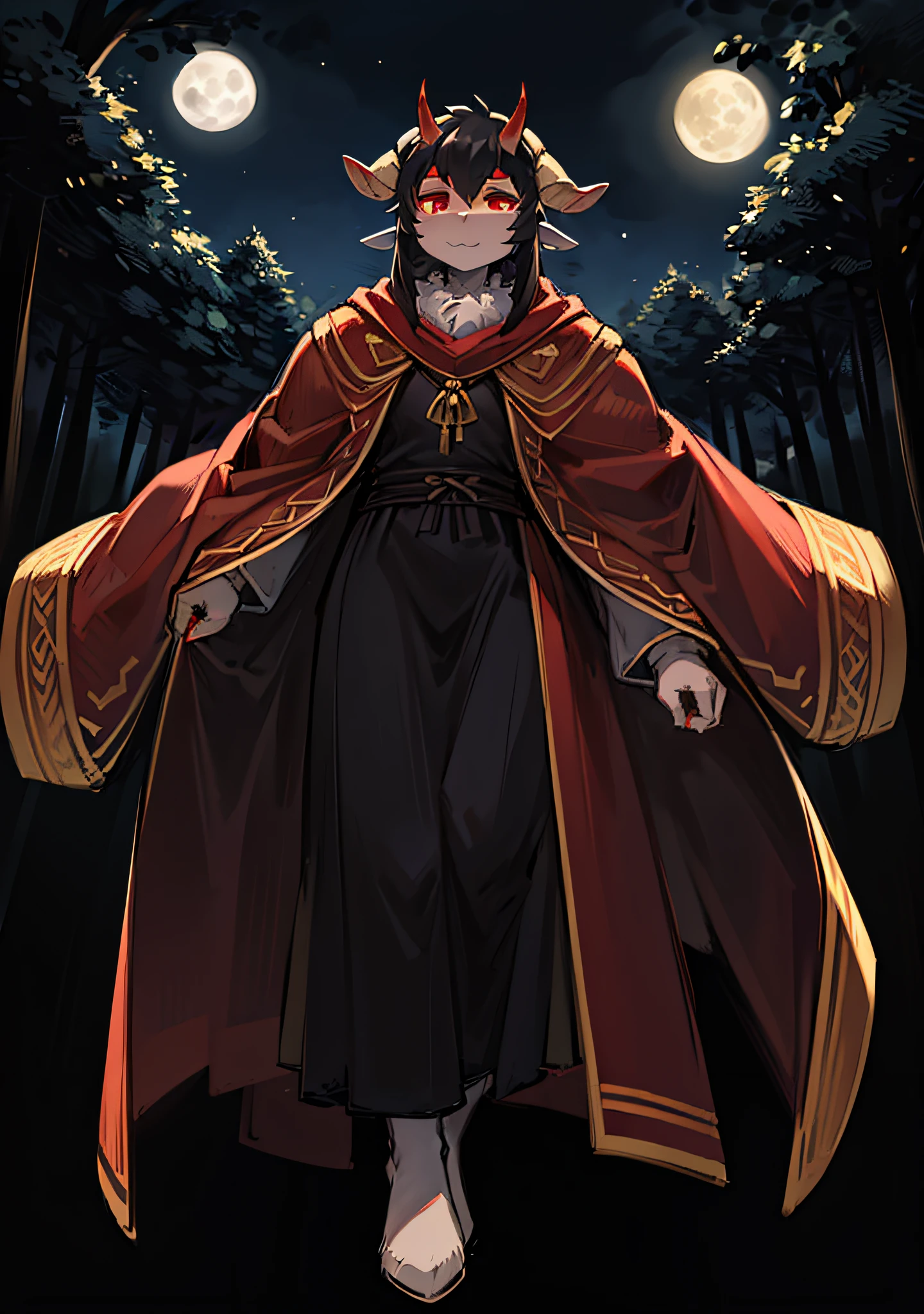 best quality, super detailed illustration, (1 goat boy with long horns: 1.5), black hair, red eyes, judge's robe, forest, moon, sketch, full body, highest quality, anime, full-length, whole body visible