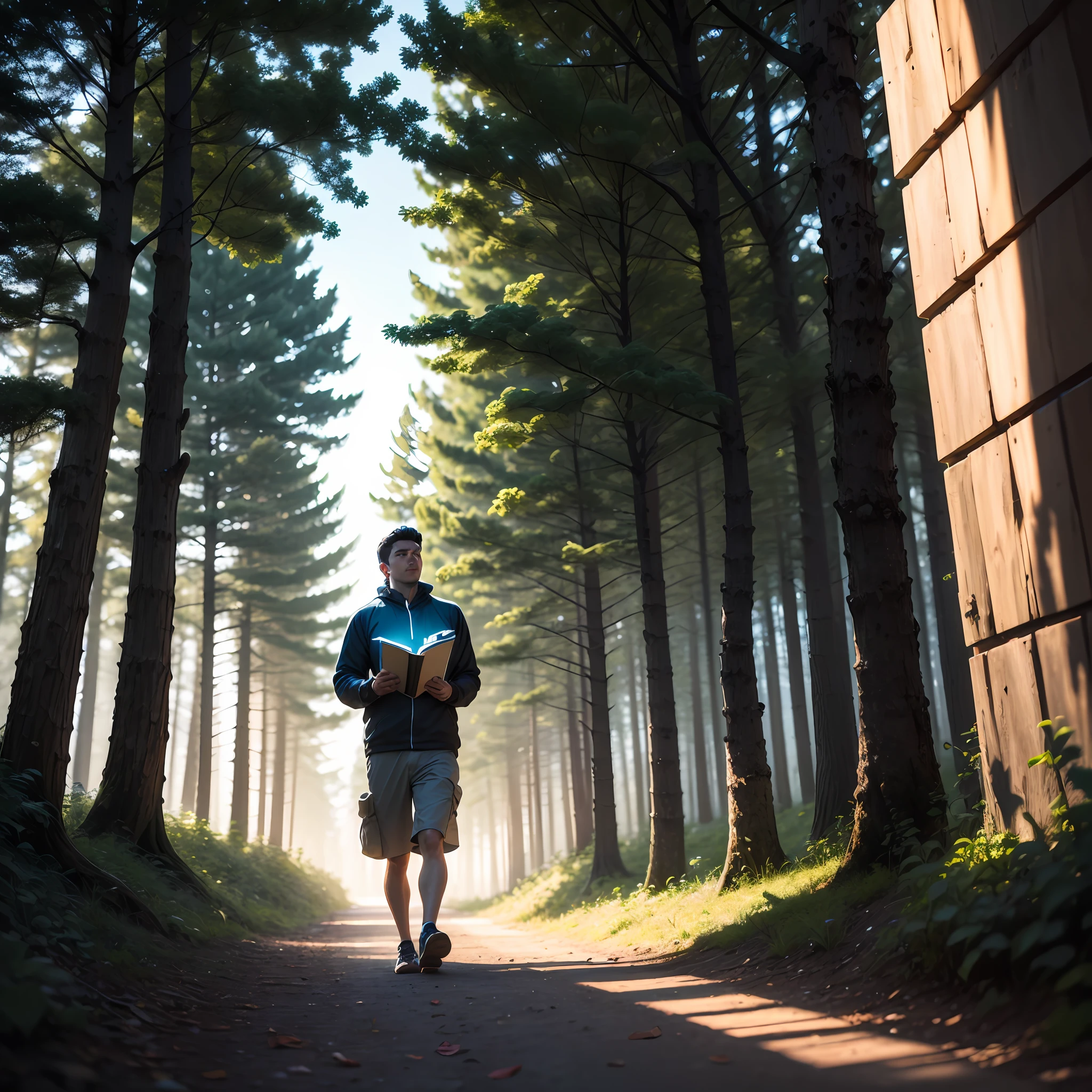 Man 31 years old, walking on a trail, on his back, reading illuminated book, illuminated path light, deep black hair, athletic body, dressed as a Greek philosopher, around the trail trees with fruits, silhouette in evidence, at the end of the trail a luminous portal,night scene on one side of the trail image of the city buildings on the other side of the trail a forest,  Tyndall light, filter rendering, super thin, HD, HD, HD image quality, detail, 18k ultra HD resolution, Superior effect, main work, bust photo --auto