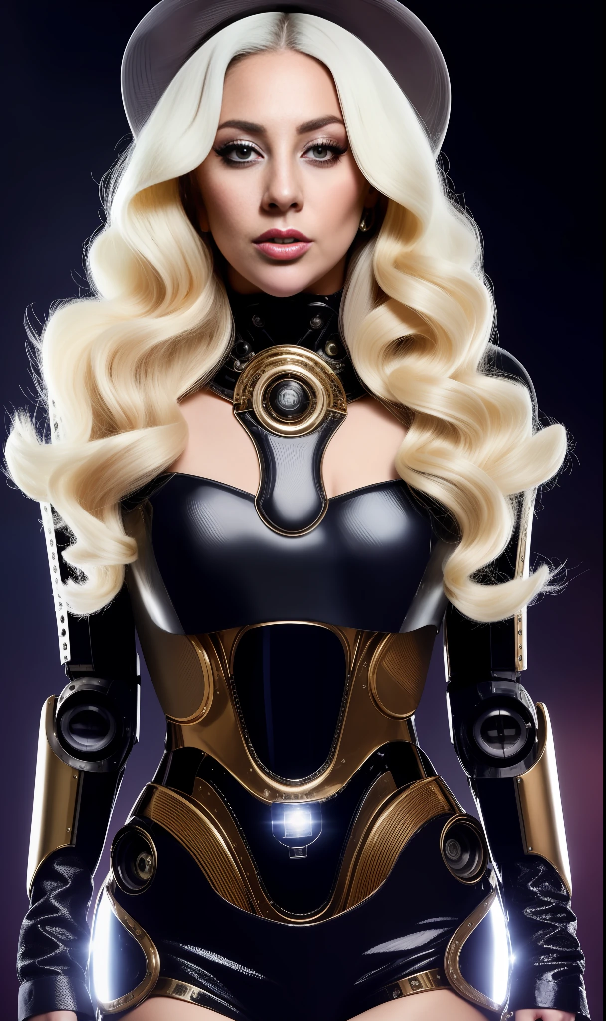 Lady Gaga Photo with Extravagant Robotic Suit, 4K Texture, Long Hair, High Quality, Extravagant Hairstyle, Original Album Cover, 8K Image, Futuristic, High Image Quality, At Night, Hair Accessories, 8K Image, High Quality Realistic Face, Full Body, Different Body Poses, High Quality Face, Defined Features,HD, Full Body, Various poses