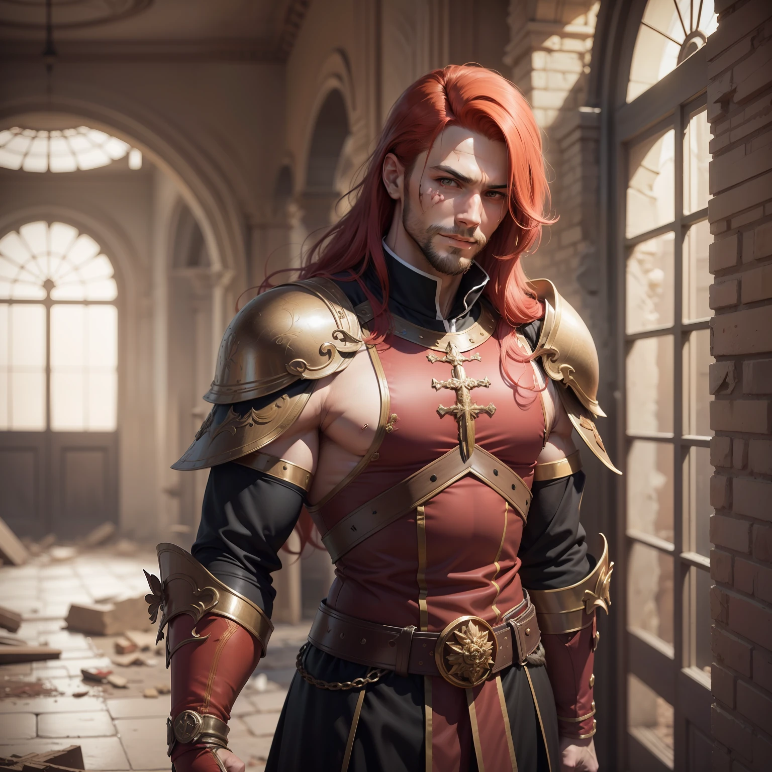 Realistic image of a strong, tall, red hair with mullets, thin beard, dressed in black cleric's costumes with red details and with shoulder pads, anime character style art, wounded face and with a confident smile, fists raised in a corridor of a royal palace with rubble