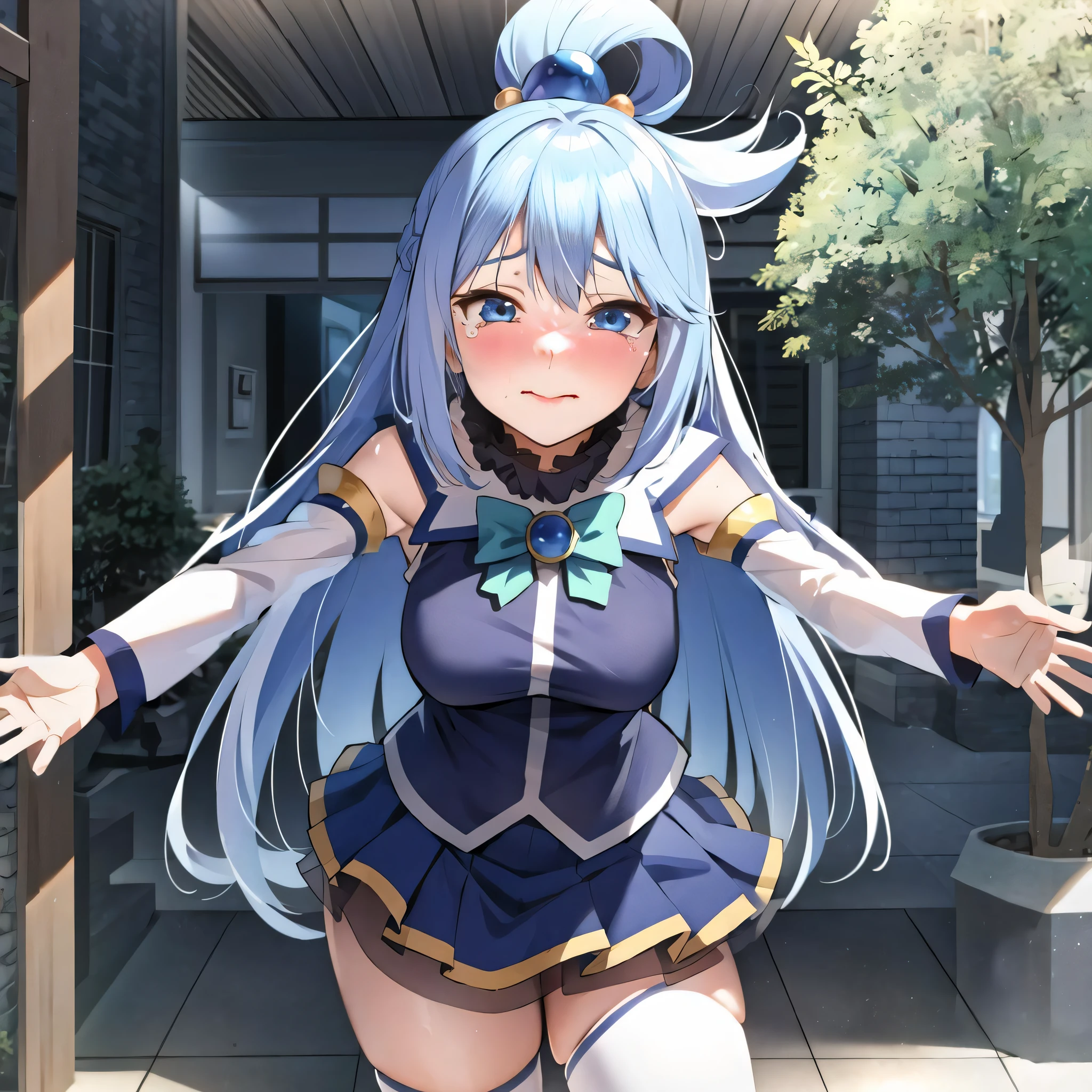 best quality, ultra-detailed, masterpiece,(masterpiece:1.2), hires, 8k,
extremely detailed CG unity 8 k wallpaper, unreal engine rendered,
illustration, painting, paintbrush, anime, comic, game cg,
aqua \(konosuba\), long hair, blue hair, blue eyes,medium breasts,blush,
happy,happy tears, tearing up,
wet,
outstretched arms, tearing up, pov hands, reaching,
morning, rain, outdoors,
(5 fingers, open hands, good hands, outstretched hand to viewer:1),
( half-closed eyes, 3:, streaming tears, endured tear face,puckered lips:1), 
(Lip compression, close mouth:1),