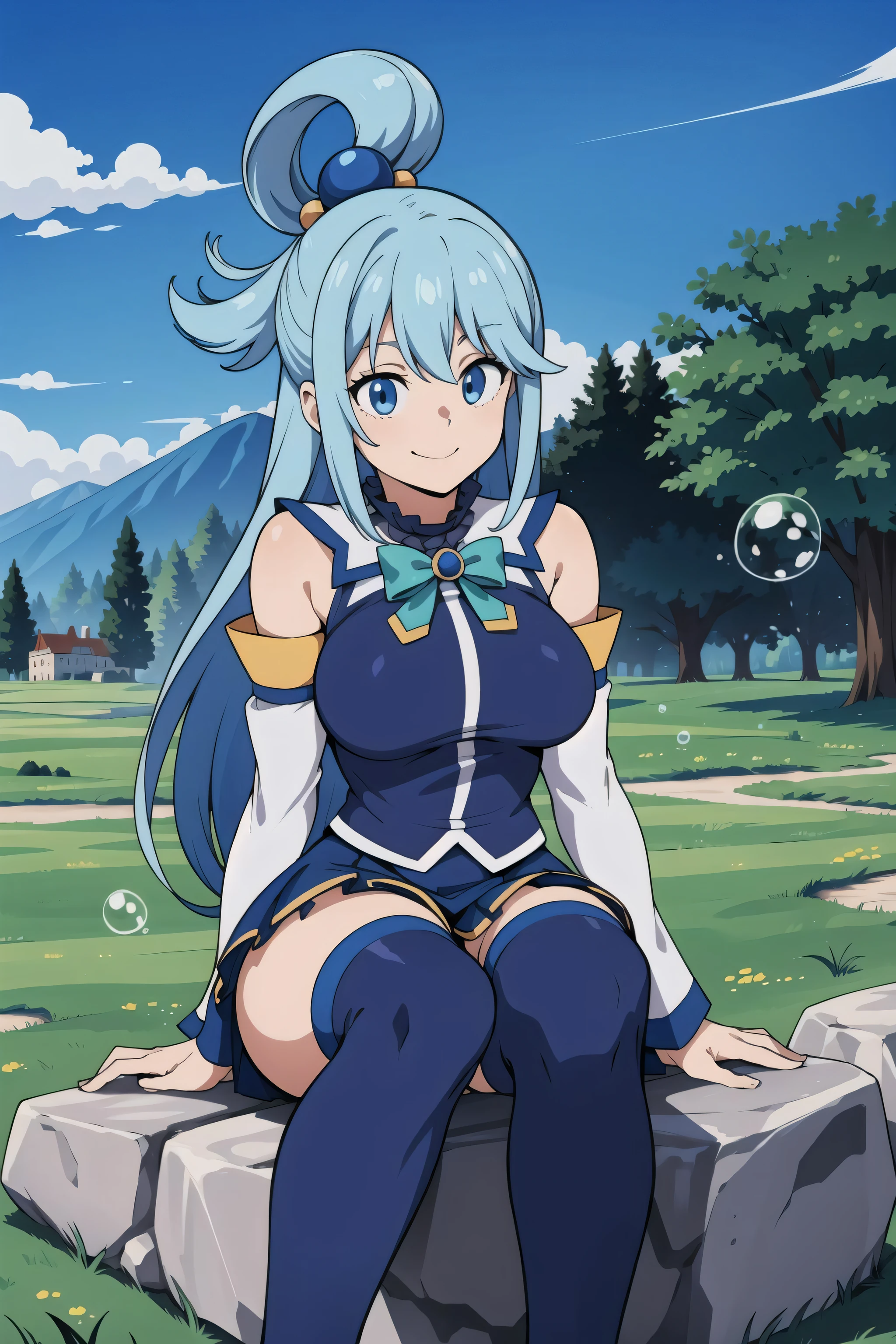 (masterpiece,vibrant,detailed,highres)  aqua \(konosuba\)  blue eyes, blue footwear, blue hair, blue thighhighs, boots, breasts, bubble, white detached sleeves, hair ornament, hair rings, long hair, medium breasts, single hair ring, skirt, solo, thigh boots, thighhighs, very long hair, white thighhighs, kono subarashii sekai ni shukufuku wo!, smile, grassland, dilapidated castle in distant, blue sky, sitting on a rock