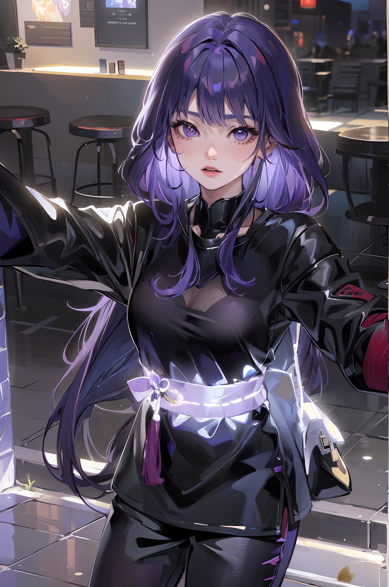 anime girl with purple hair and purple eyes standing on sidewalk, anime girl with long hair, anime style 4 k, portrait anime girl, (anime girl), portrait of an anime girl, high quality anime artstyle, anime art wallpaper 8 k, young anime girl, anime moe artstyle, realistic anime artstyle, beautiful anime girl, anime girl, anime artstyle, raiden shougn