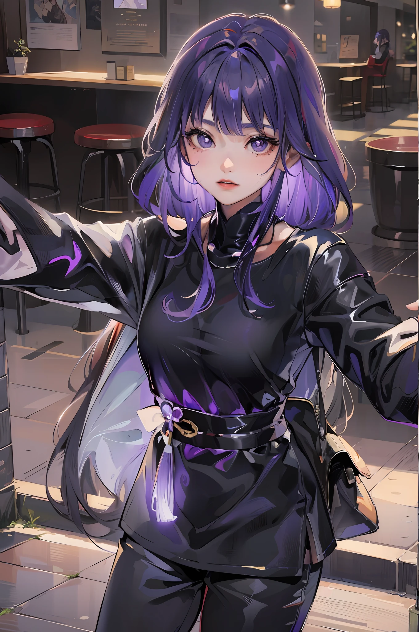 anime girl with purple hair and purple eyes standing on sidewalk, anime girl with long hair, anime style 4 k, portrait anime girl, (anime girl), portrait of an anime girl, high quality anime artstyle, anime art wallpaper 8 k, young anime girl, anime moe artstyle, realistic anime artstyle, beautiful anime girl, anime girl, anime artstyle, raiden shougn