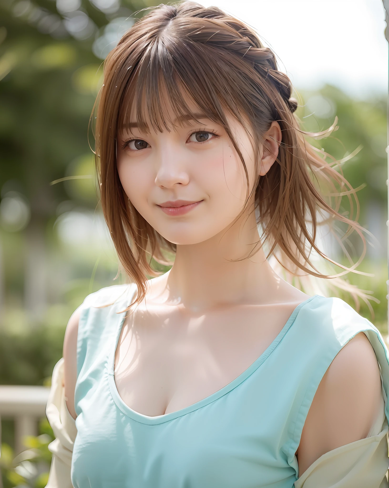 Top Quality, 1 Girl, (Skindentation), (Big), (Sun), Bright, Blurred Background, Outdoors, (Street: 0.6), (People, Crowd: 1), (Braided Bangs, Wavy Hair: 1.5), (White Camisole 1.8), (White See-through Shirt: 1.8), Gorgeous (Floating Hair: 1.5), (Dynamic Pose: 1.8), Soft Lighting, Wind