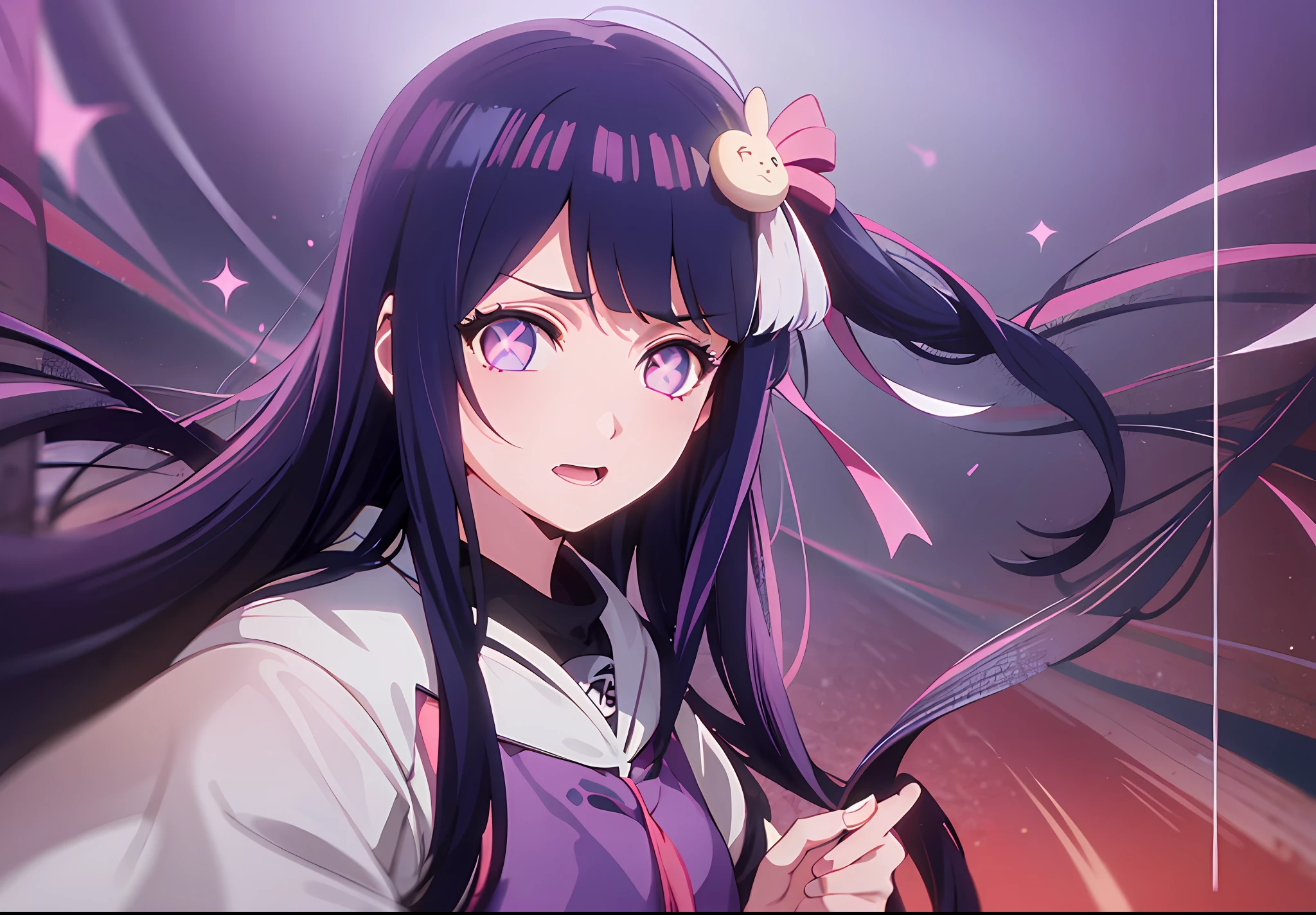 1girl, Hoshino Ai, long hair, dark blue hair ,purple eyes, hair ornament, blunt bangs, hinata hyuga as hoshino ai, idol clothes