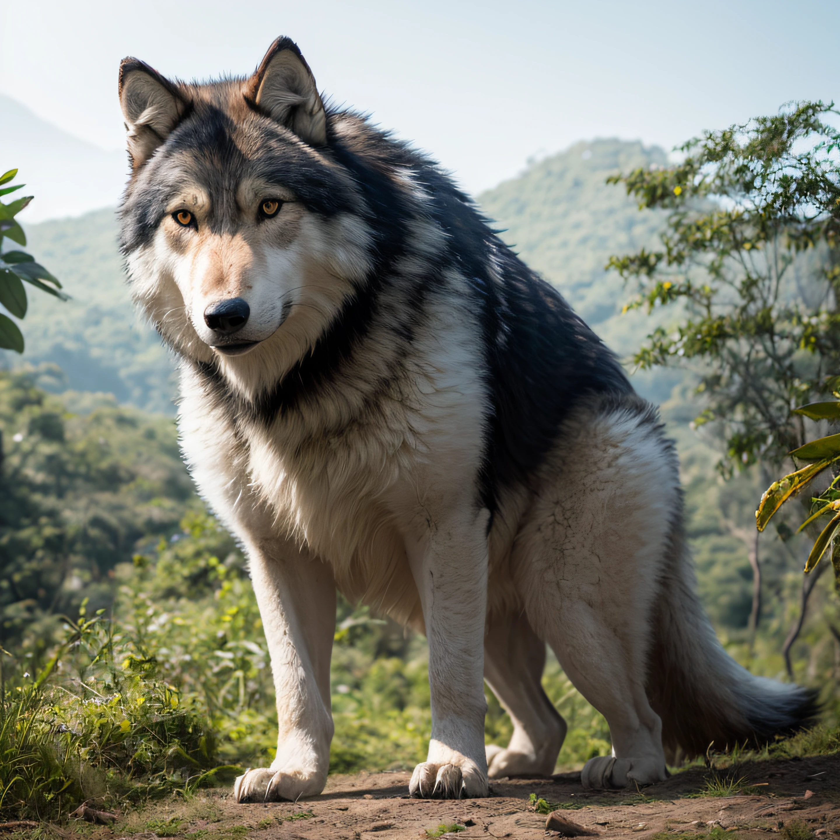 A giant wolf in the jungle with bright red eyes --auto