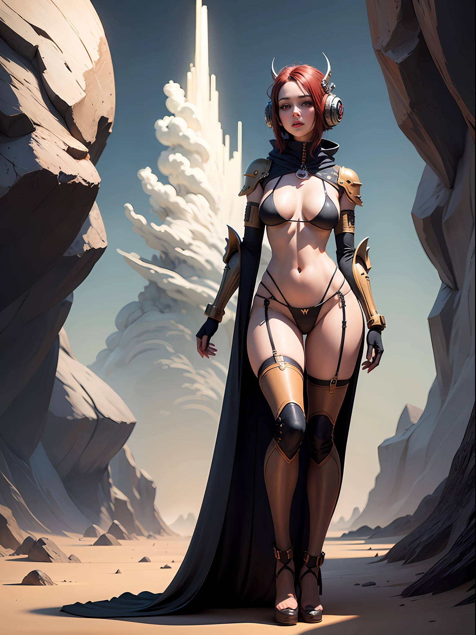 Beautiful girl in steampunk bikini on alien planet, beautiful body, alien landscape, steampunk elements, steampunk details, small breasts, wide hips, full-length, full body, vector graphics, vector design