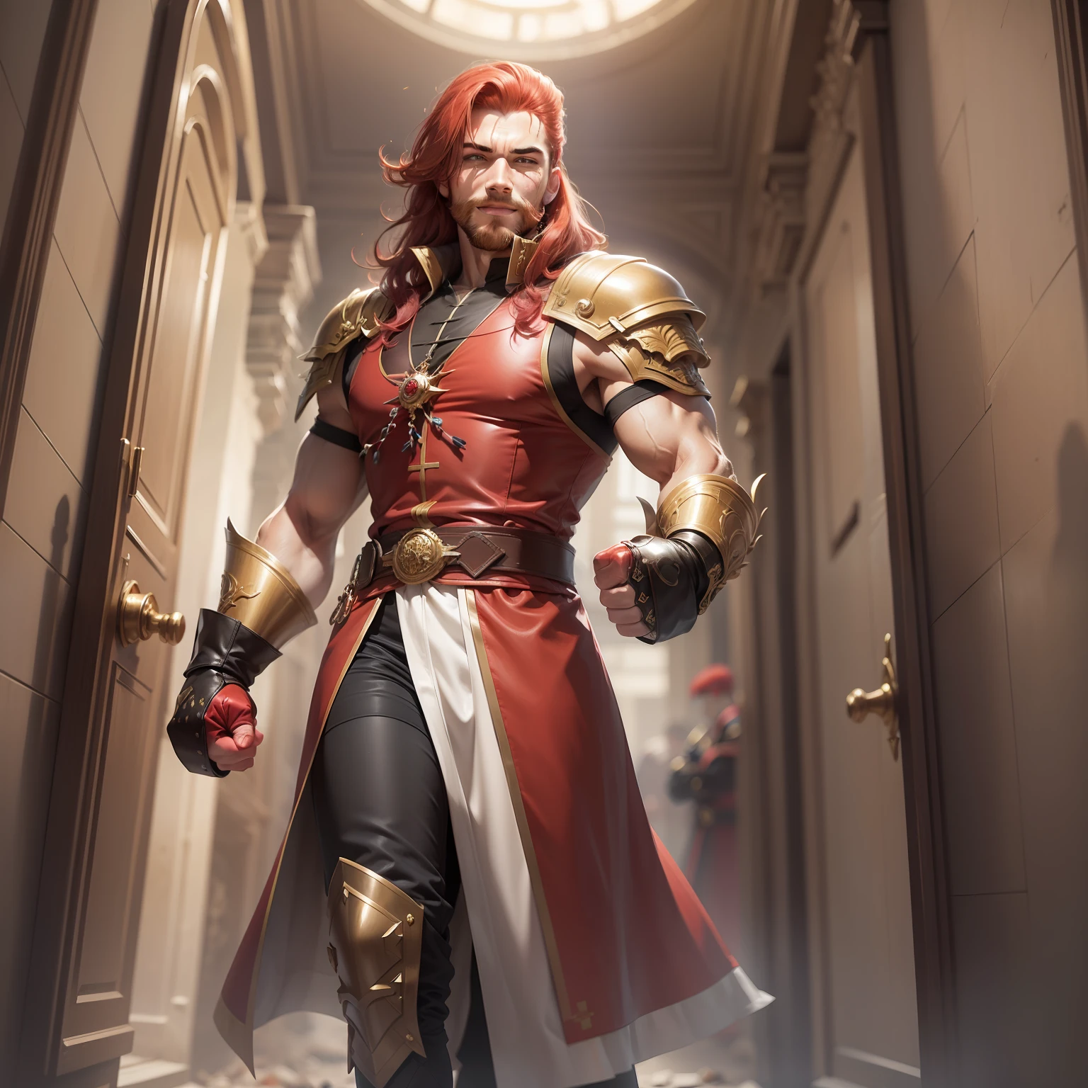 Realistic image of a strong, tall, red hair with mullets, thin beard, dressed in black cleric's costumes with red details and with shoulder pads, anime character style art, wounded face and with a confident smile, fists raised in a corridor of a royal palace with rubble