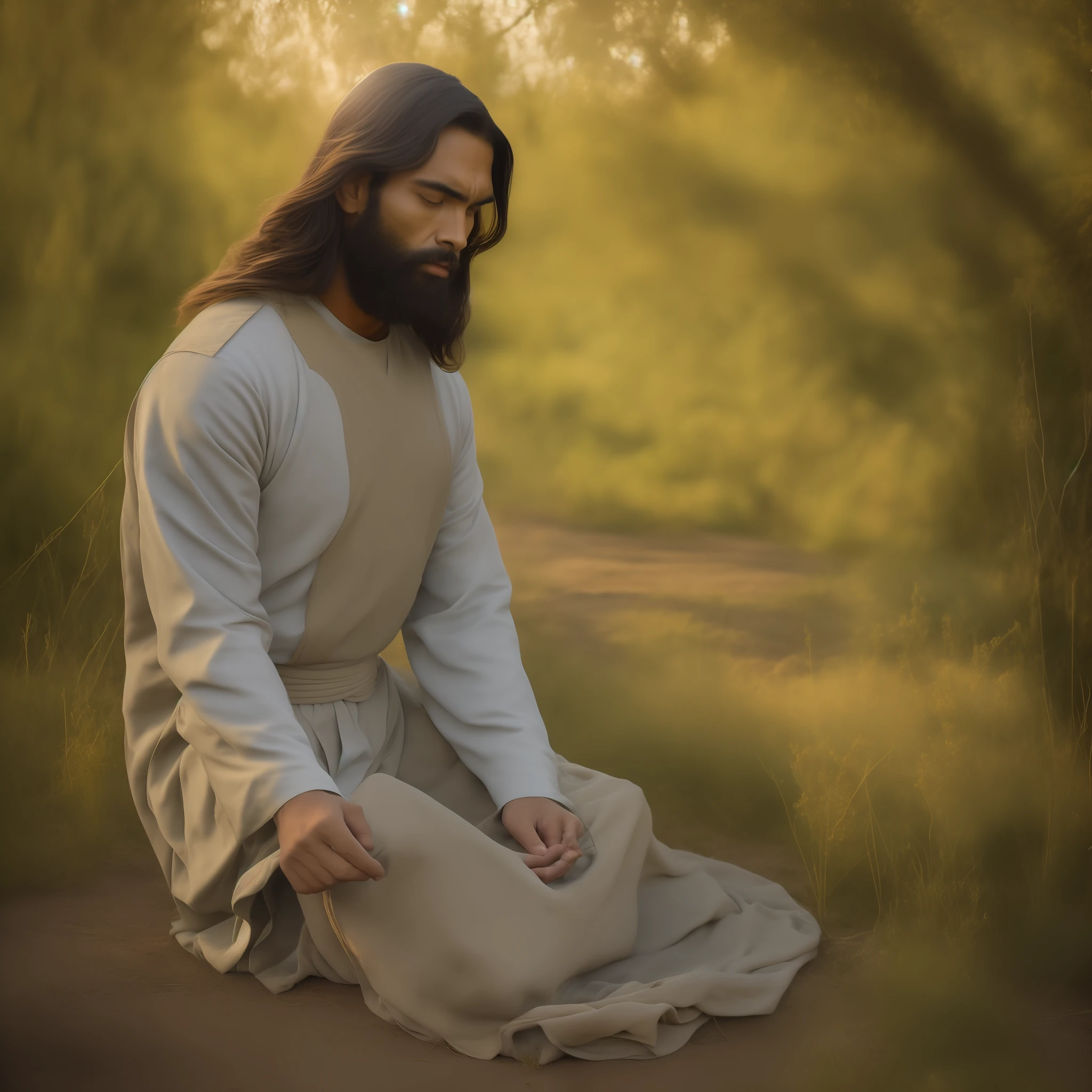 In the image, we see Jesus Christ in prayer, portrayed in rich detail in a scene that harkens back to his time. He is dressed in a long, simple tunic, made of textured fabric and in earthy tones. His hair and beard are long and slightly wavy, demonstrating his masculinity and wisdom.
His eyes are deep and compassionate, reflecting a divine serenity. Jesus' gaze conveys unconditional love and compassion for all human beings.
In His hands, He holds a carved wooden staff, symbolizing His role as shepherd of the flock. Behind him, a verdant field stretches out, dotted with wildflowers and natural plants that represent God's creation.
Around Jesus, there are people from different backgrounds and social conditions. Some are hunched over, seeking comfort and guidance, while others are standing, looking at him with wonder and hope. Their facial expressions vary, showing the diversity of emotions that Jesus awakens in each one.
Sunlight shines softly over the scene, creating a serene and welcoming atmosphere. In the background, hills and hills can be seen, which evoke the landscape of the region in which Jesus lived.