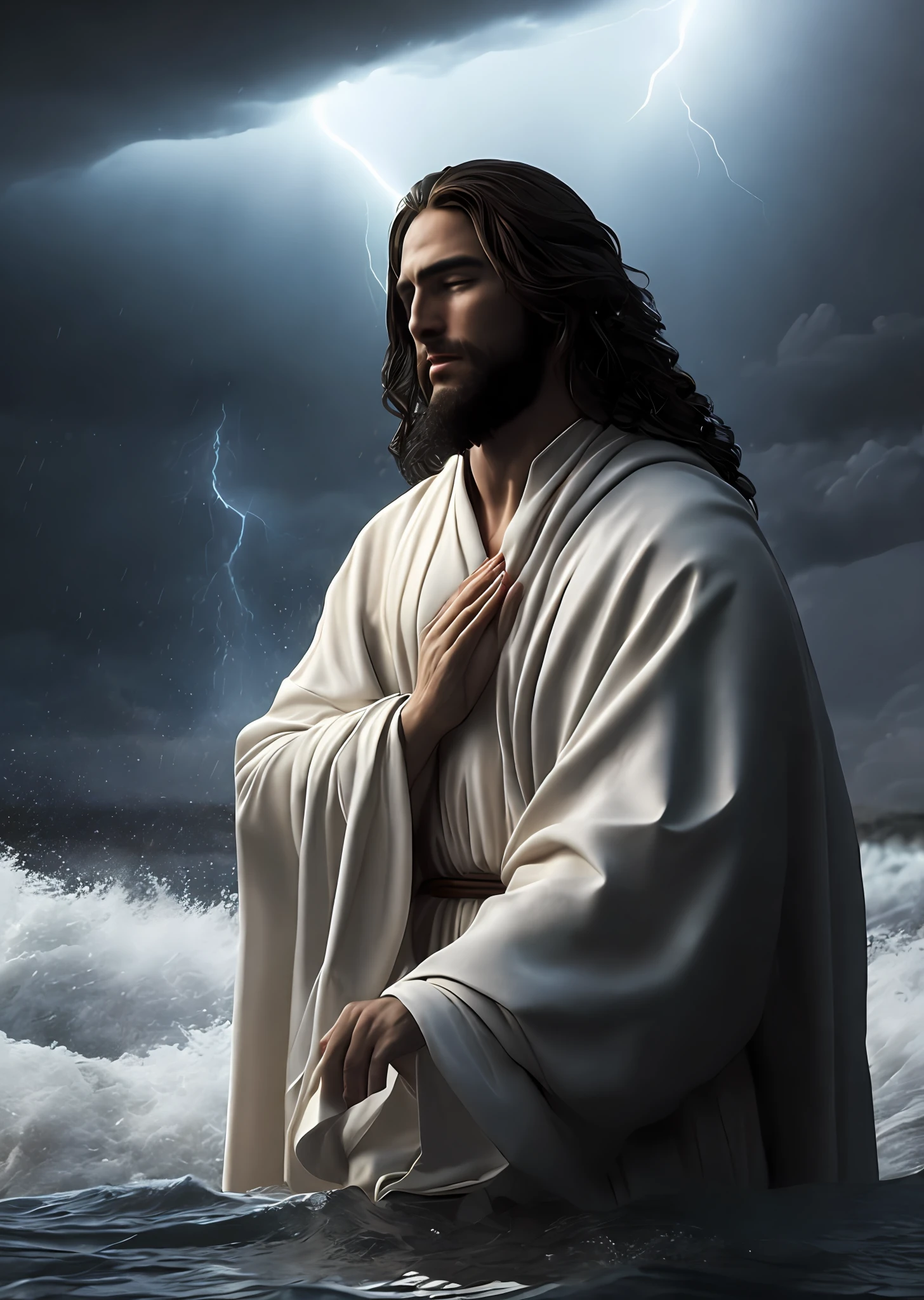 Jesus Christ praying over water in a storm, white robes, waves, soft expression, dark sky with lightning, lightning, photo realism, masterpiece, high quality, high quality, highly detailed CG unit 8k wallpaper, award-winning photos, bokeh, depth of field, HDR, bloom, chromatic aberration, realistic, very detailed, trend in CGsociety, complex, high detail, dramatic, volumetric lighting